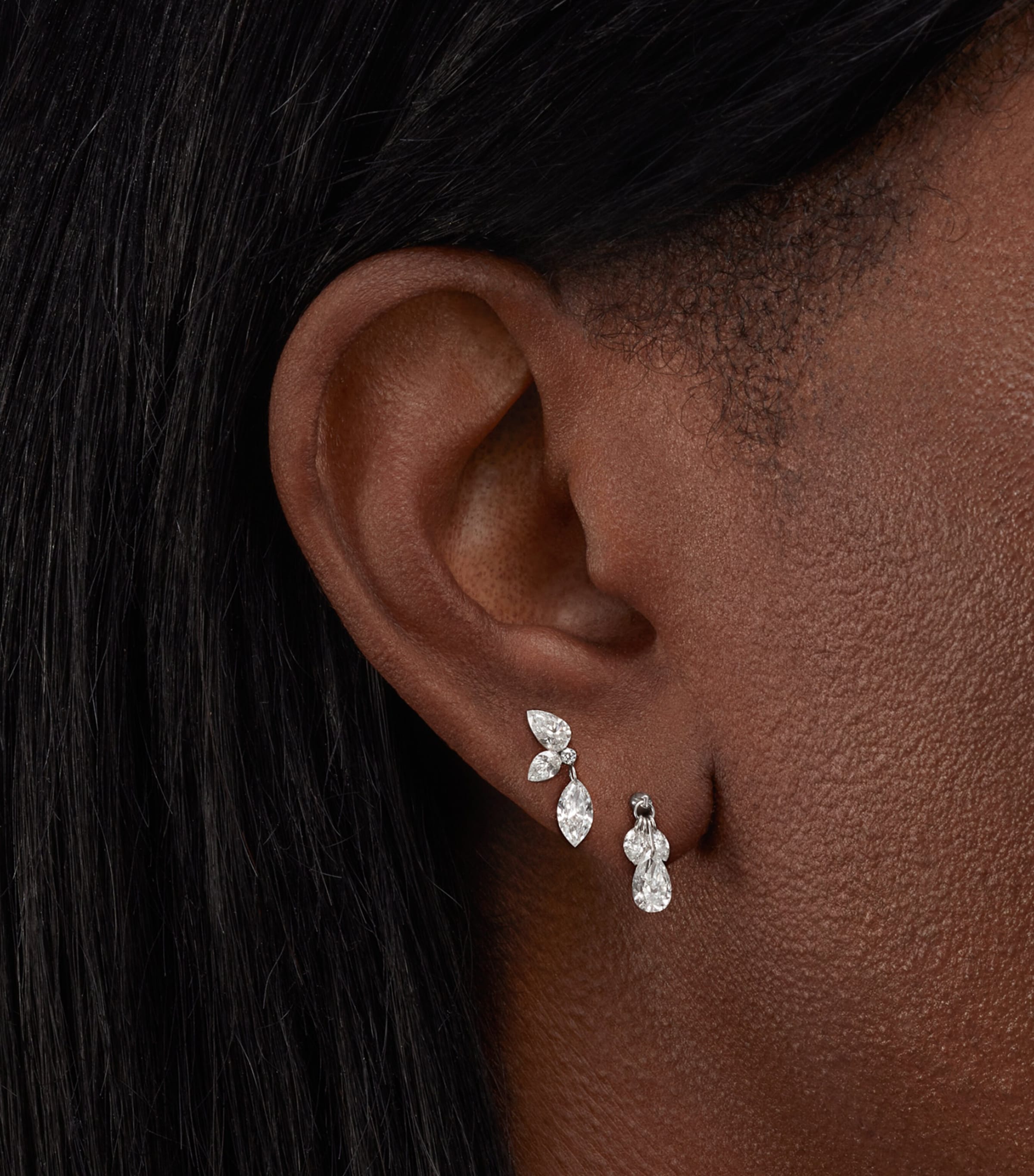 Floating Pear Diamond Plume Threaded Charm Earring WHITE GOLD Image 2