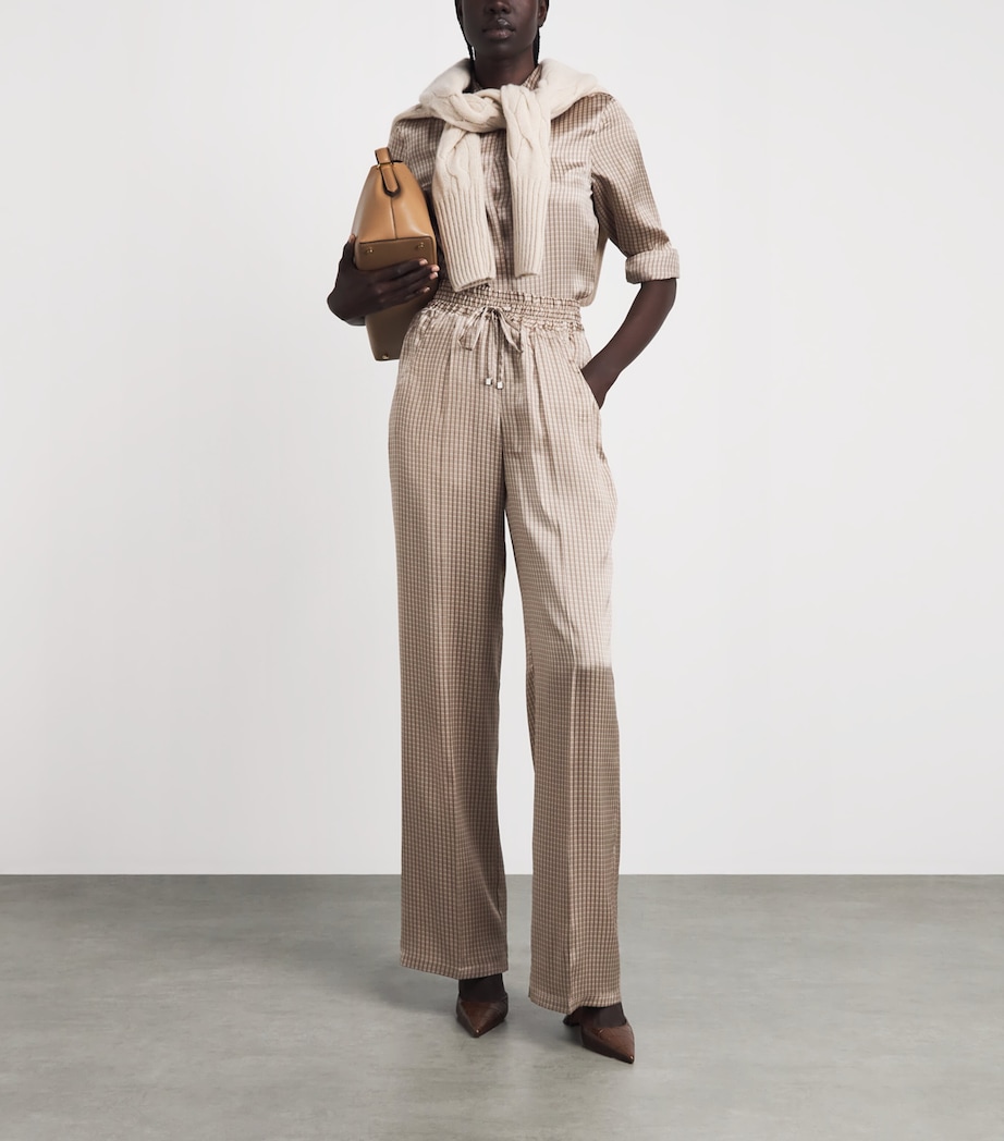 Kiton Womens Silk Printed Pleated Drawstring Trousers Light Brown Print Image 2