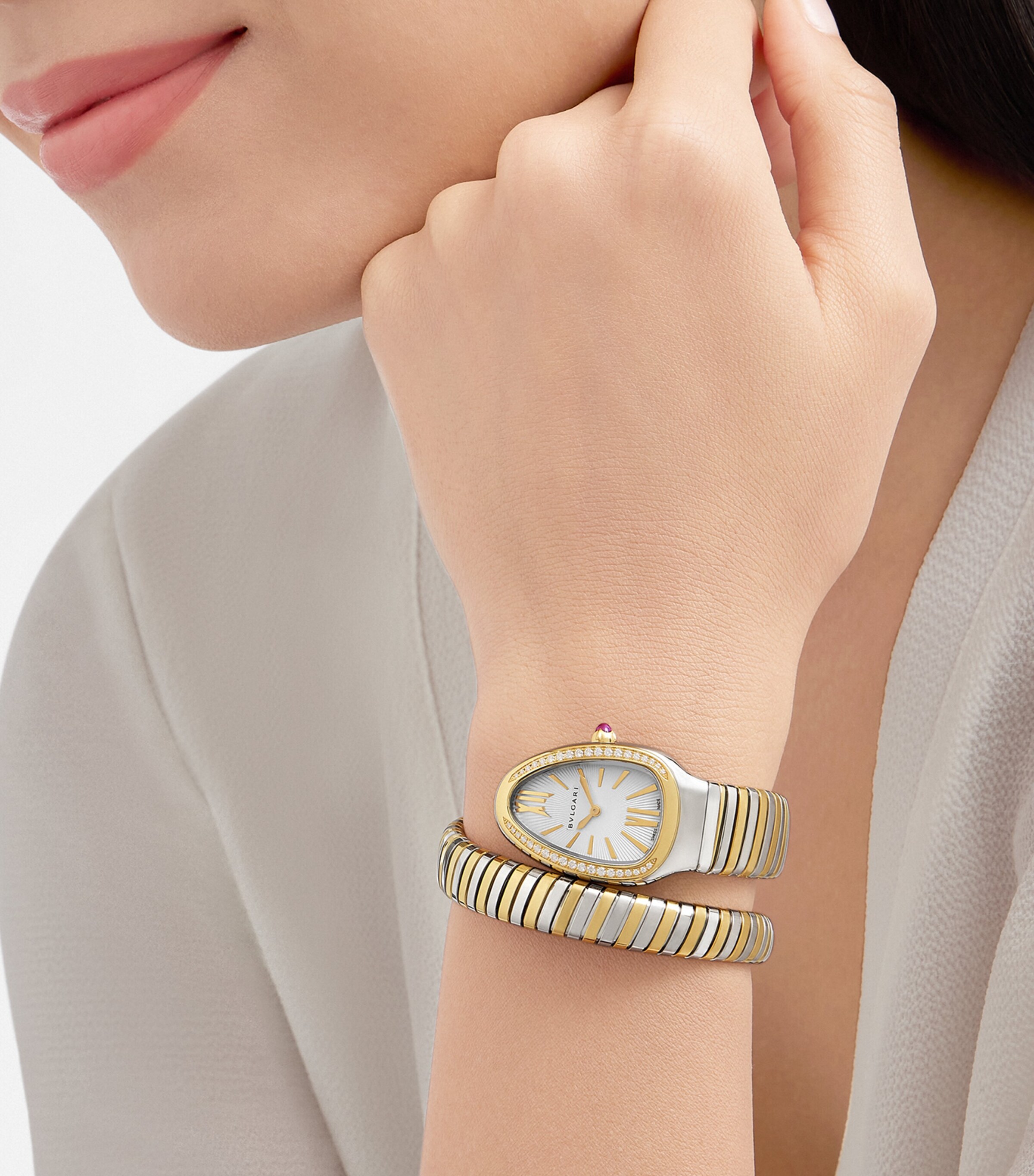 Bvlgari Stainless Steel and Yellow Gold Serpenti Tubogas Watch 35mm White Image 3