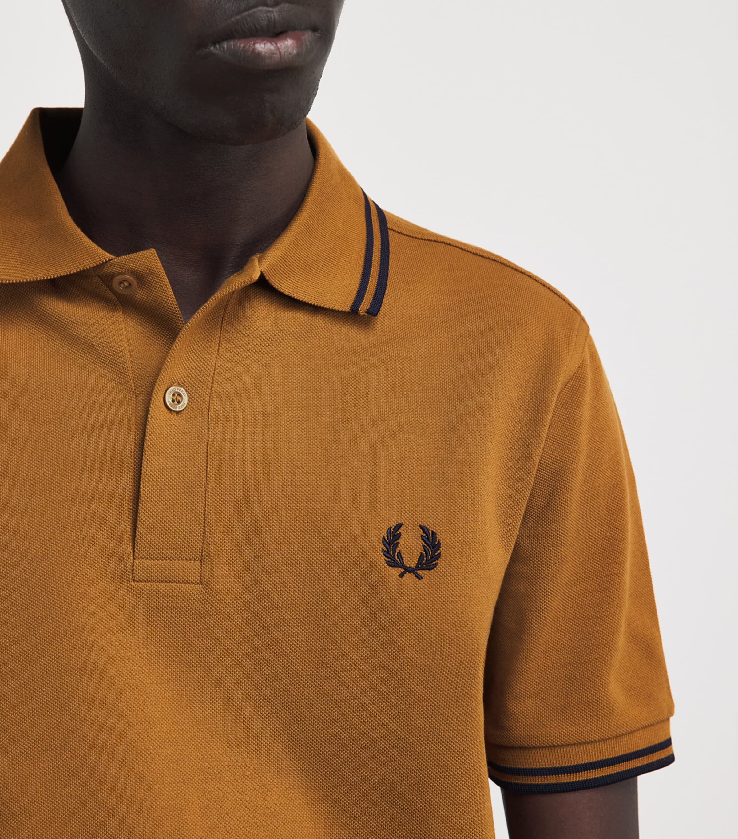 Fred Perry Mens Cotton Twin Tipped Polo Shirt Dark Caramel/nav Image 3