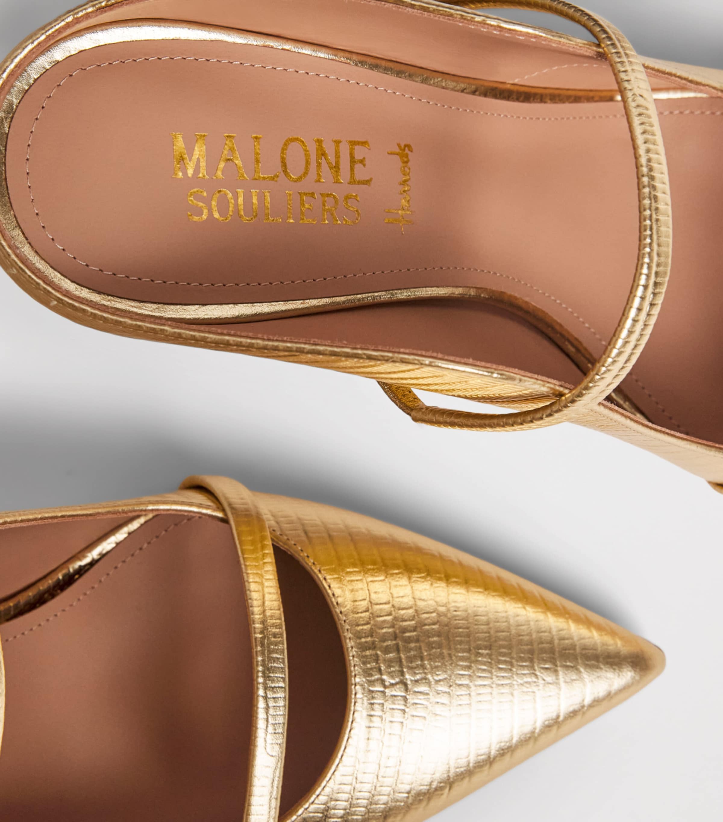 Malone Souliers x Harrods Exclusive Metallic Leather Embossed Maureen Mules 85 Antique Gold Image 7