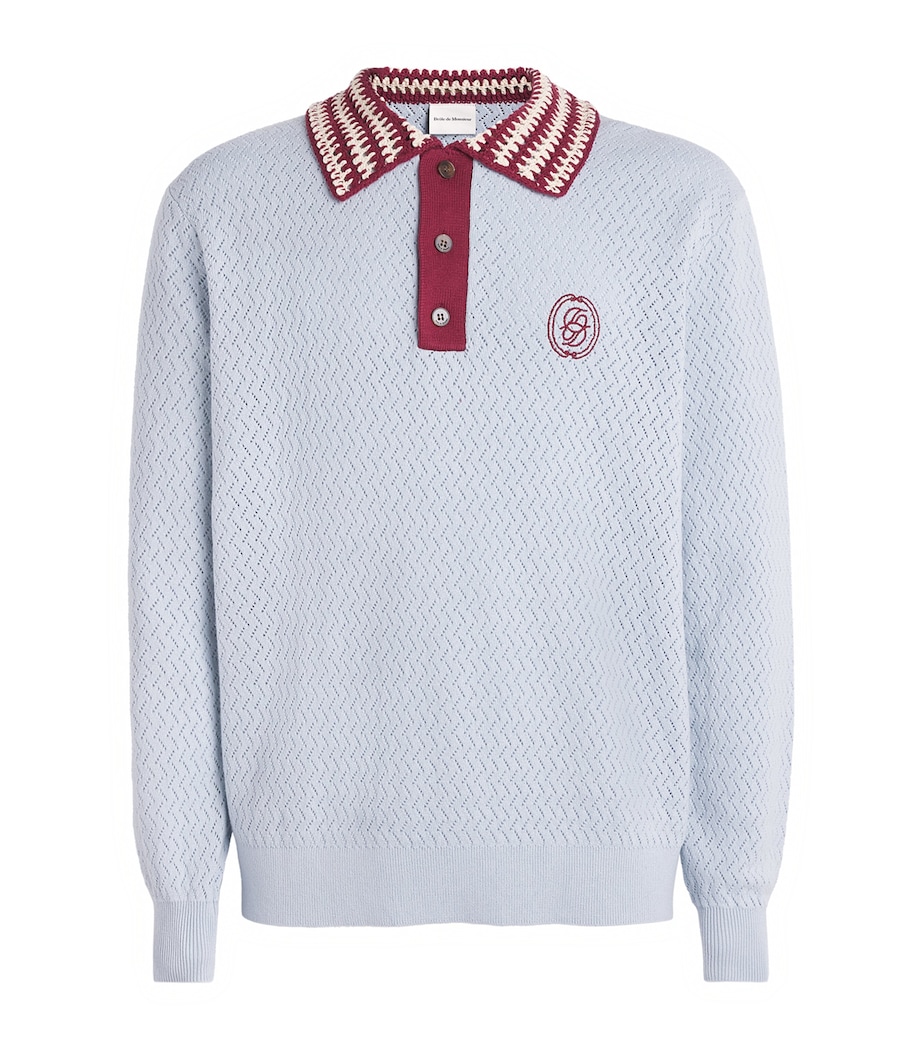 Drôle de Monsieur Mens Openwork-Knit Polo Shirt Light Blue Image 1