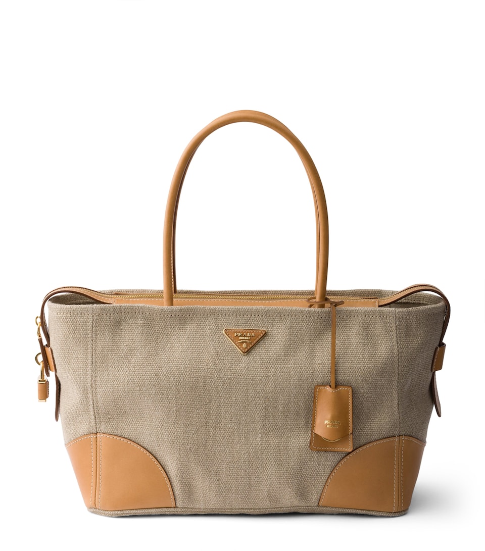 Prada Large Linen-Leather Tote Bag Neutral