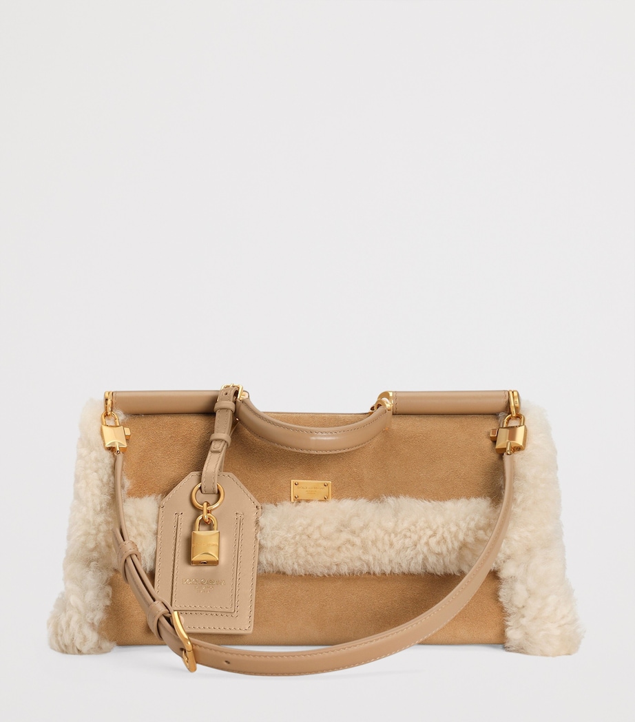 Calfskin Fur-Trim My Sicily Top-Handle Bag 8L798-CAMMELLO/NUDO Image 3