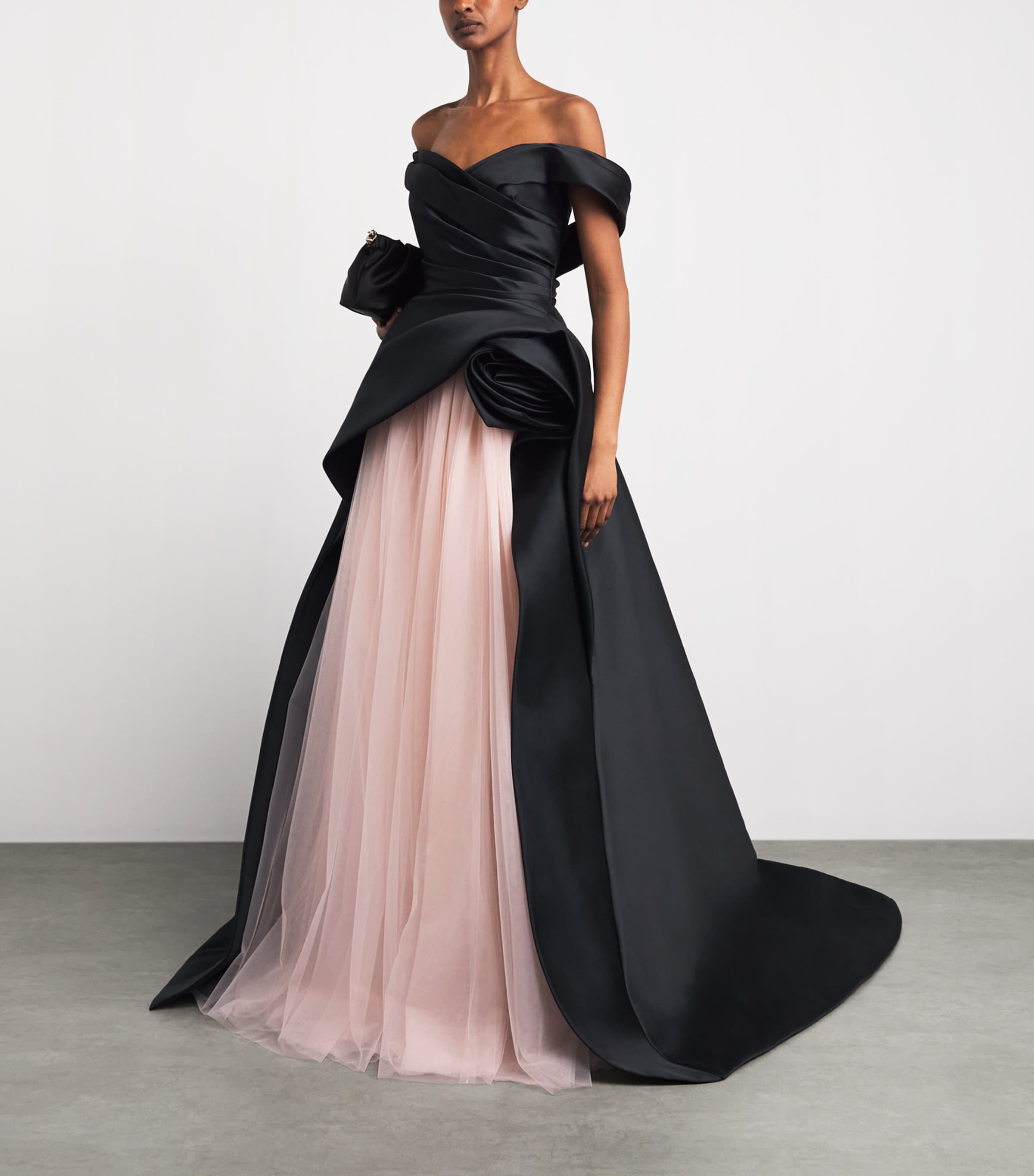 Pamella Roland Womens Tulle Appliqué Off‑The‑Shoulder Gown Black/pink Image 2