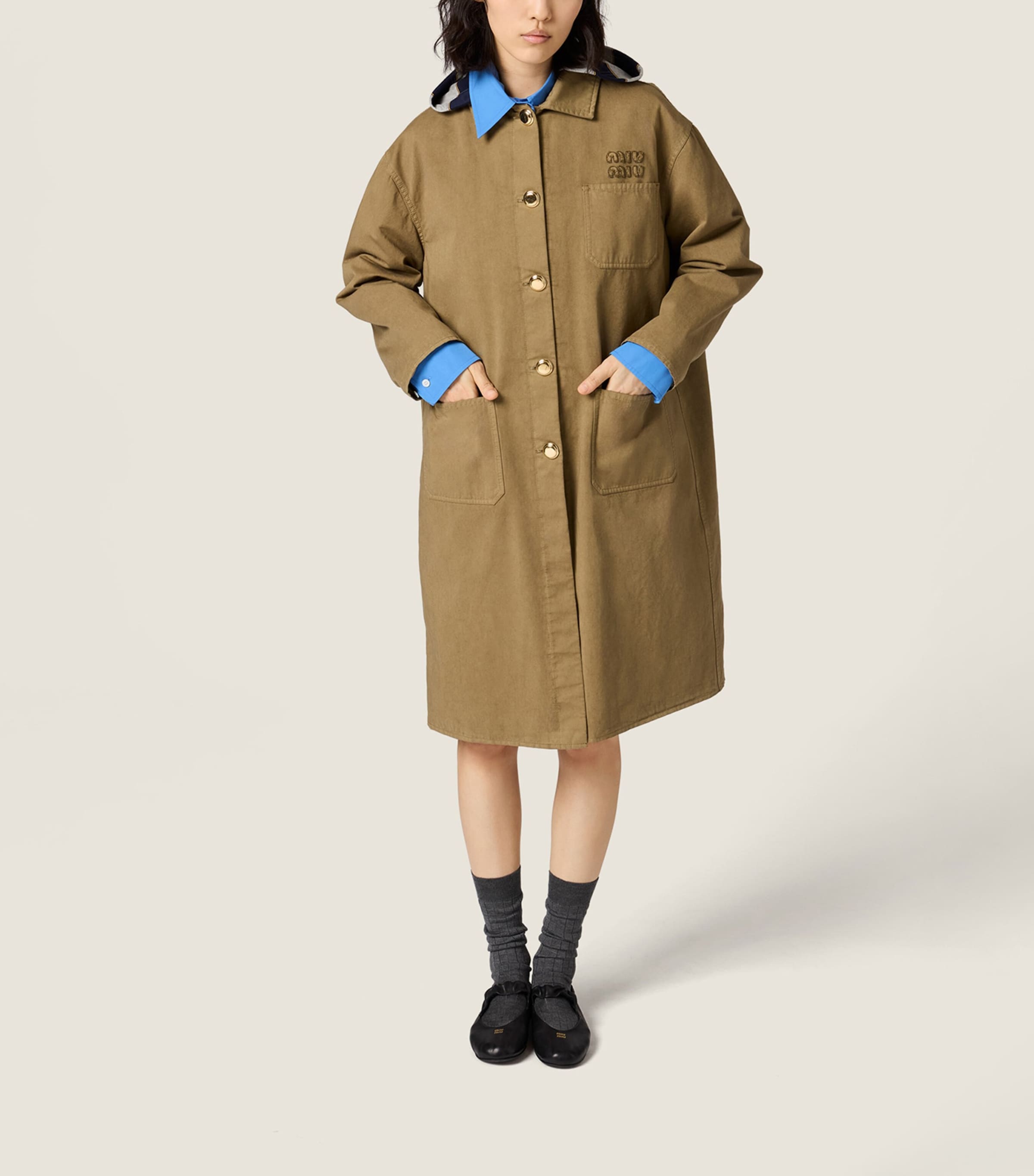Miu Miu Womens Gabardine Hooded Trench Coat Neutral Image 2