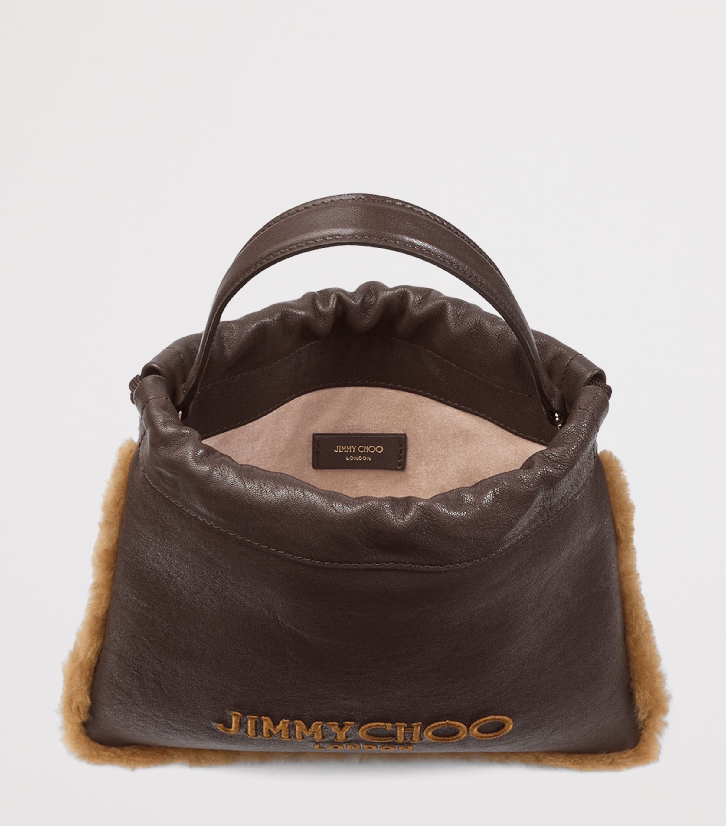 Jimmy Choo Leather Shearling-Trim Drawstring Pouch Chocolate/toffee/ecr Image 4