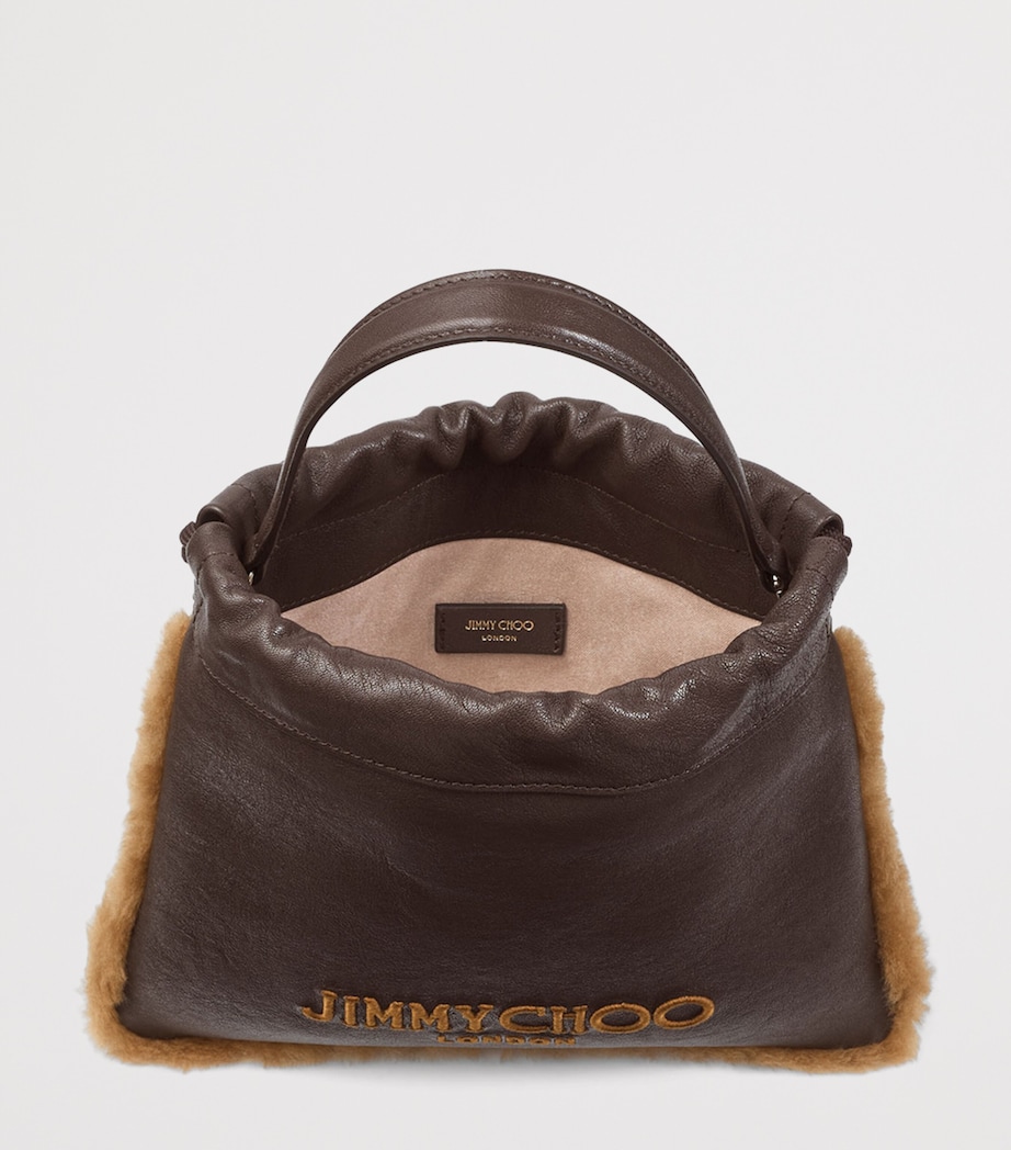 Jimmy Choo Leather Shearling-Trim Drawstring Pouch Chocolate/toffee/ecr Image 4