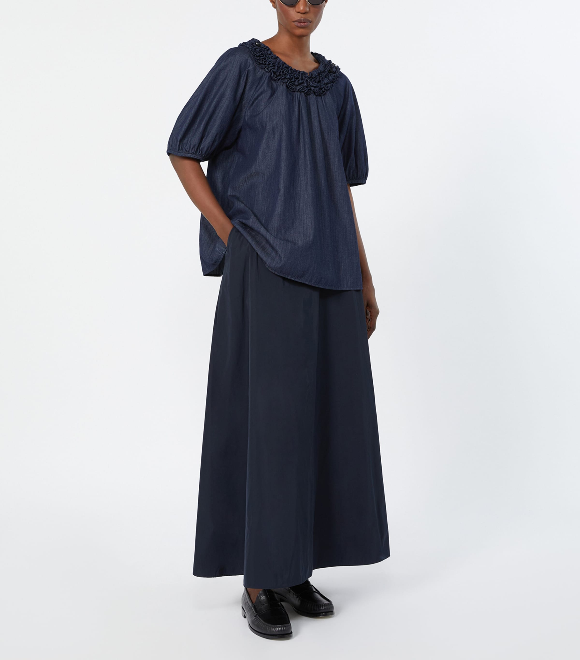 Max Mara Womens Denim Ruffled Neckline Blouse Midnightblue Image 2