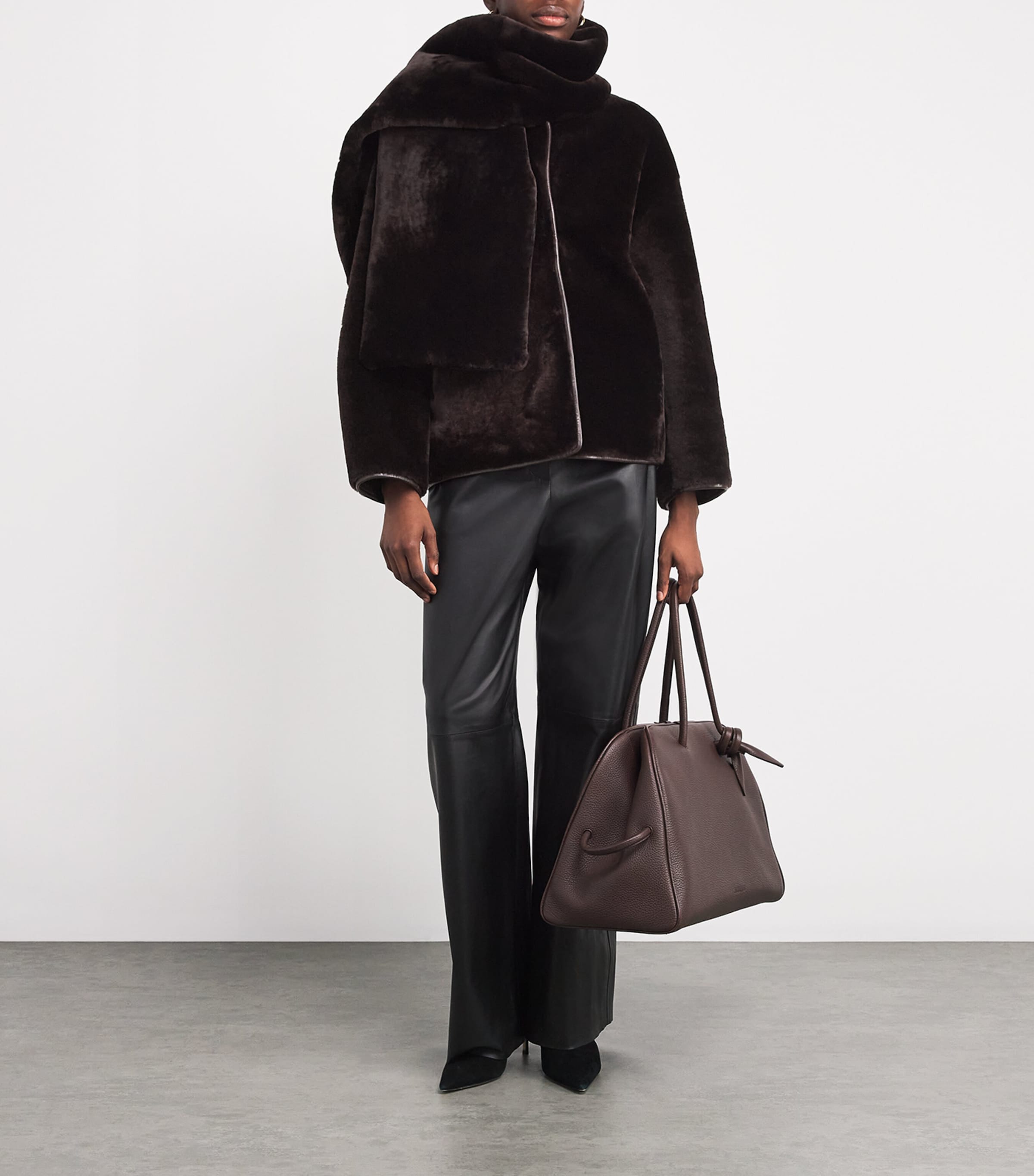 NOUR HAMMOUR Womens Lamb Fur Lyra Coat and Scarf Cocolat Fondant Image 2
