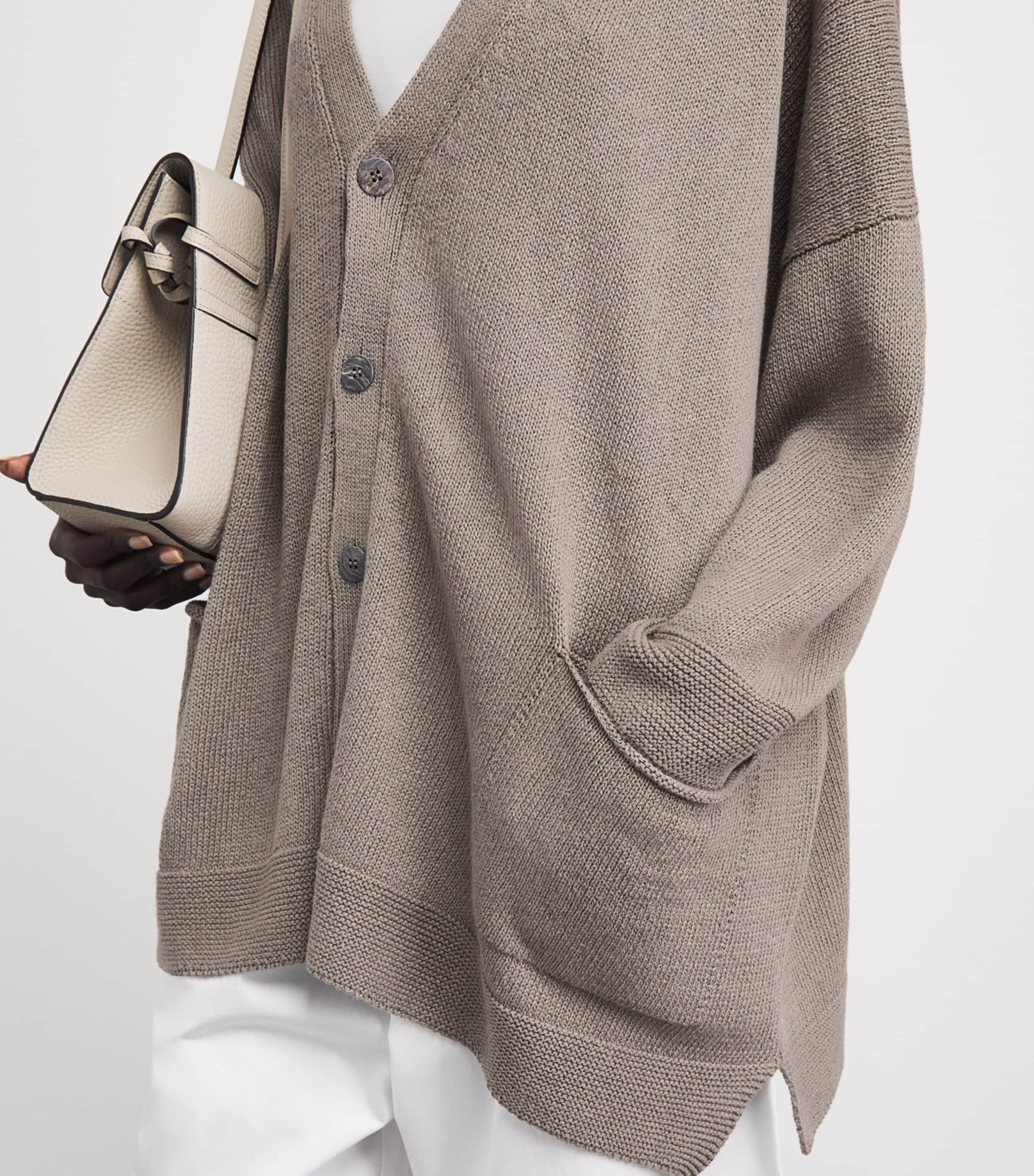 Eskandar Womens Linen-Organic Cotton V-Neck Cardigan Mink Image 3