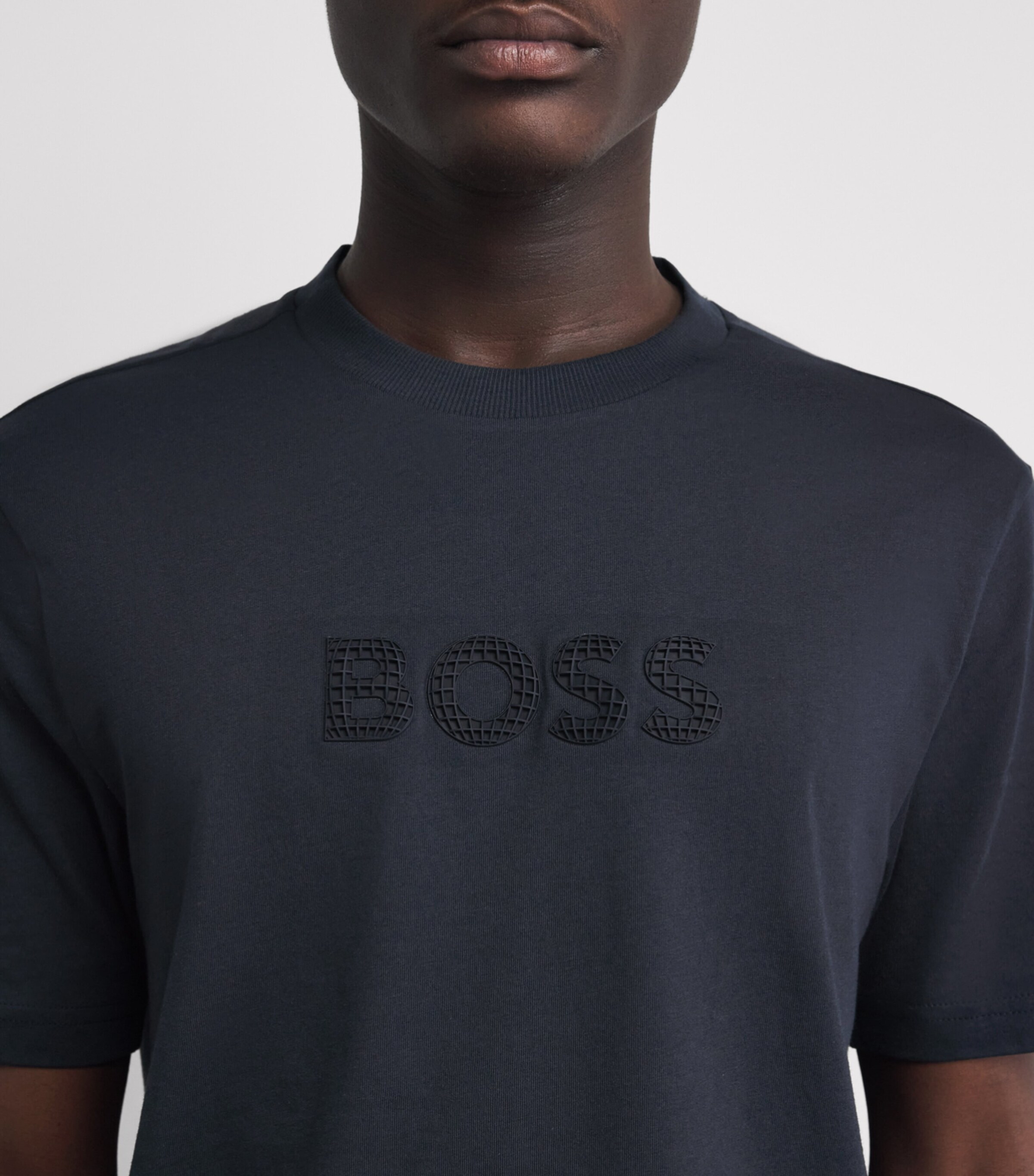BOSS Mens Cotton Textured Logo T-Shirt Dark Blue Image 3