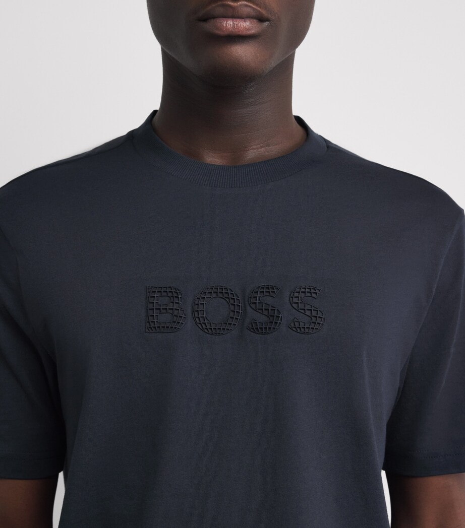 BOSS Mens Cotton Textured Logo T-Shirt Dark Blue Image 3