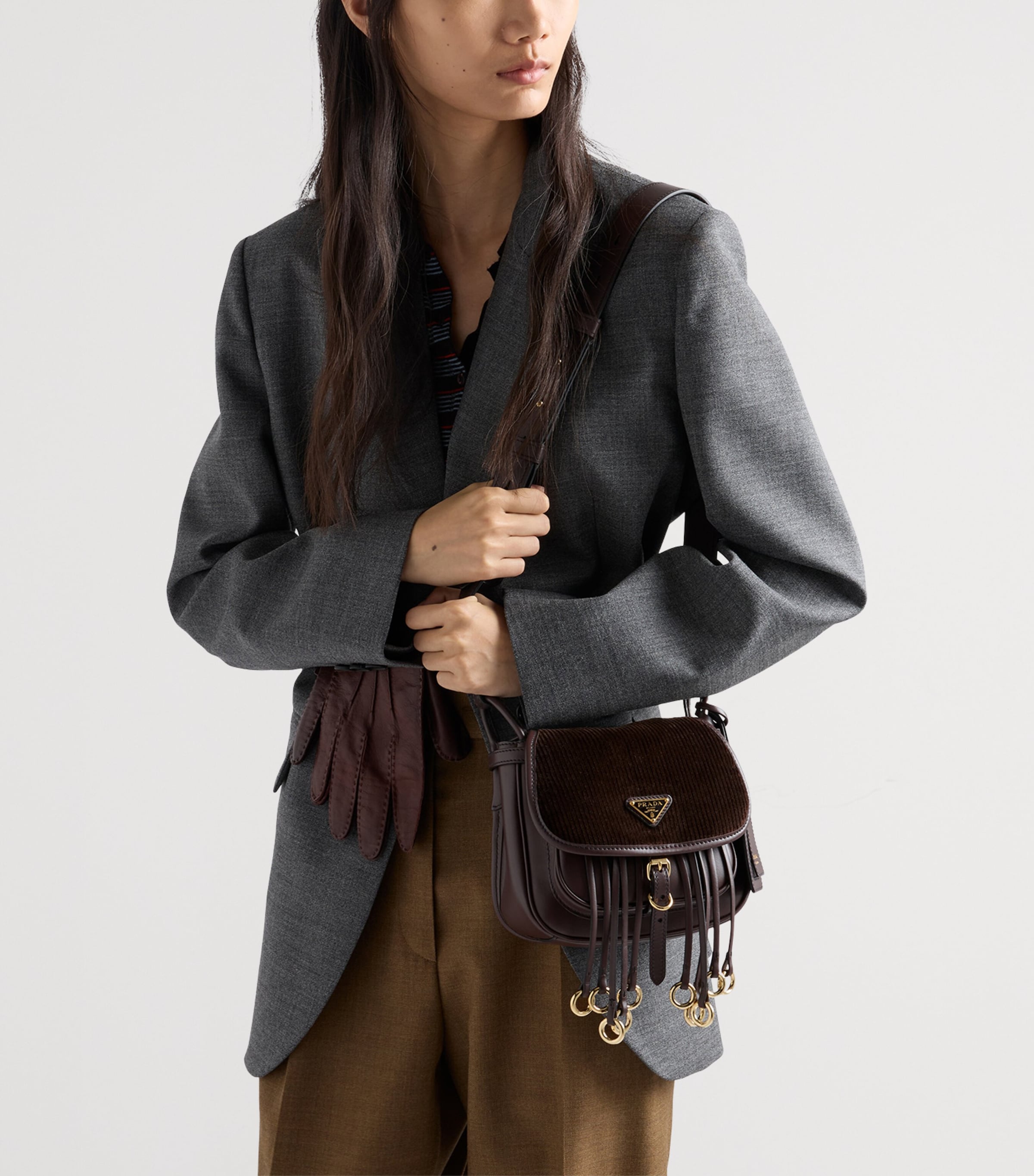 Prada Mini Leather and Corduroy Corsaire Shoulder Bag Brown Image 5
