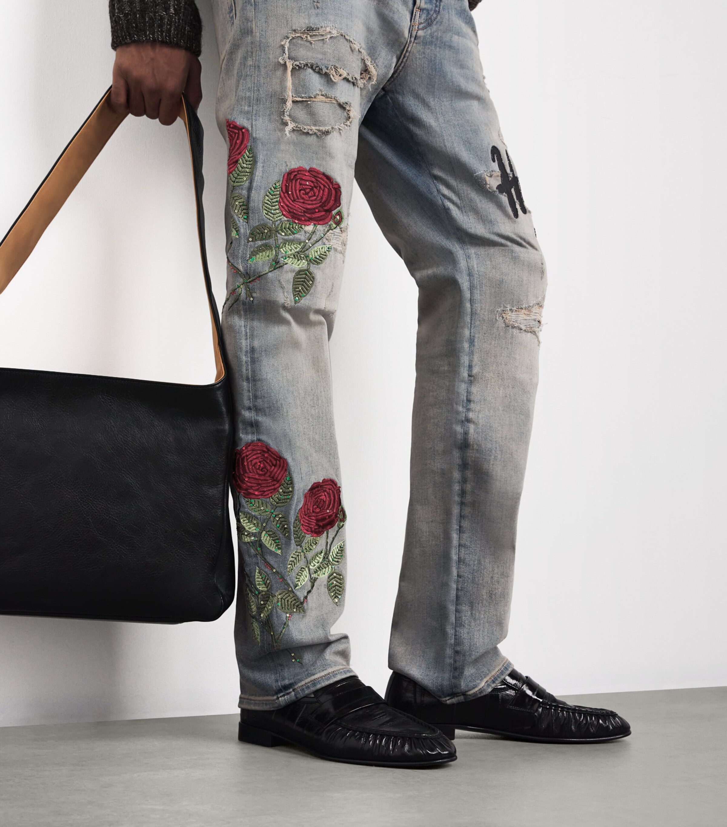 AMIRI Mens Floral Sequin Distressed Slim Jeans Antique Indigo Image 6