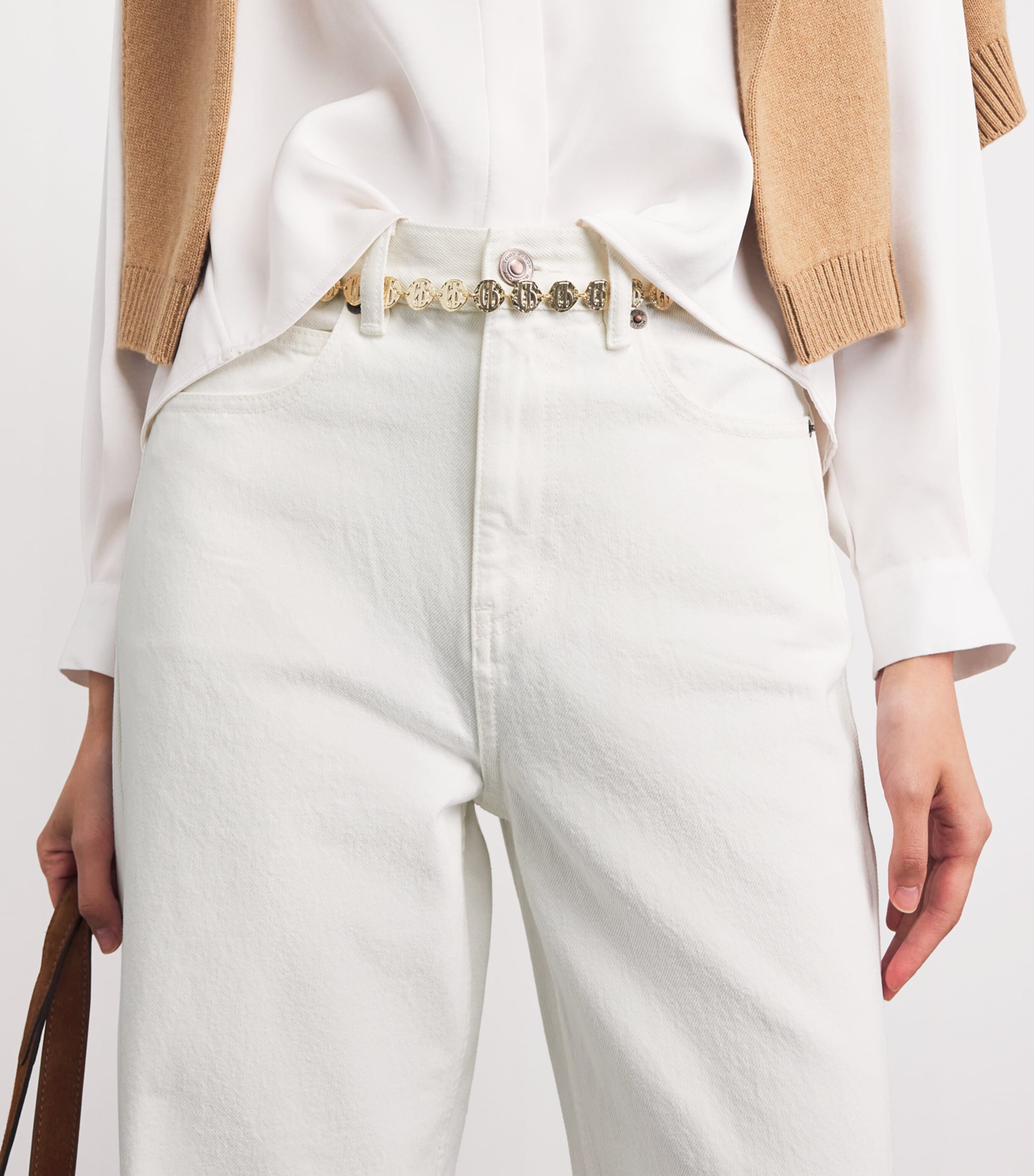 Tory Burch Womens Contrast-Cuff Cropped Straight Jeans White Image 3