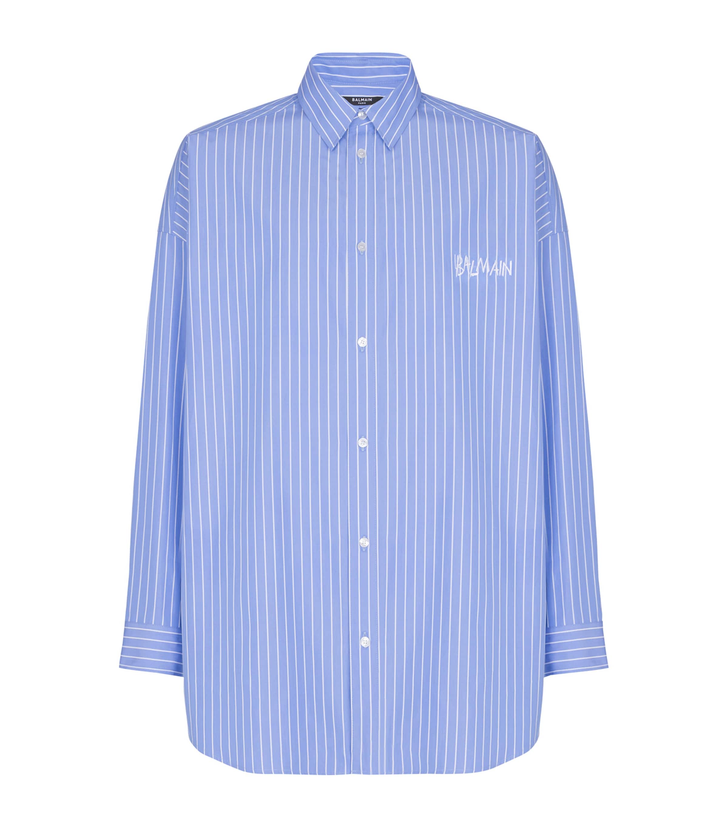 Balmain Mens Cotton Relaxed Stripe Logo Shirt Sab Bleu/blanc Image 1