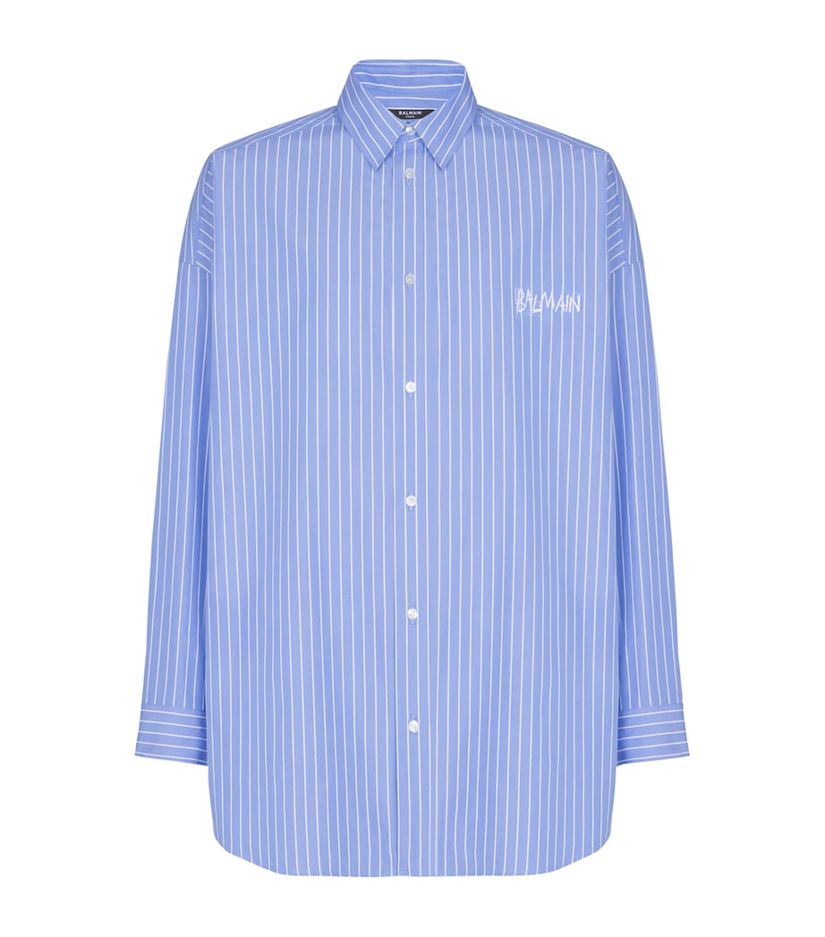 Balmain Mens Cotton Relaxed Stripe Logo Shirt Sab Bleu/blanc Image 1