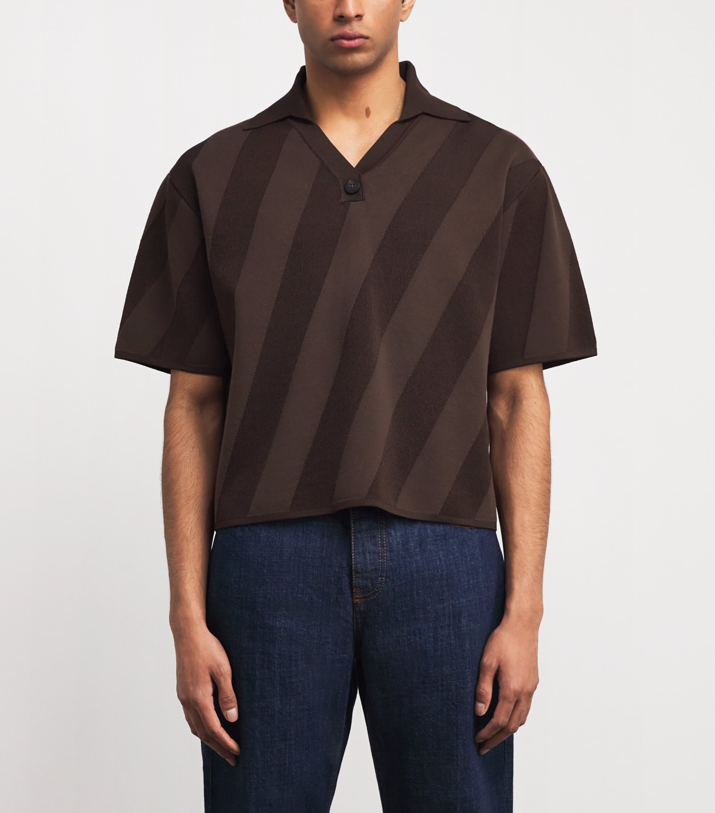 Cropped Stripe Polo Shirt DARK BROWN-880 Image 3