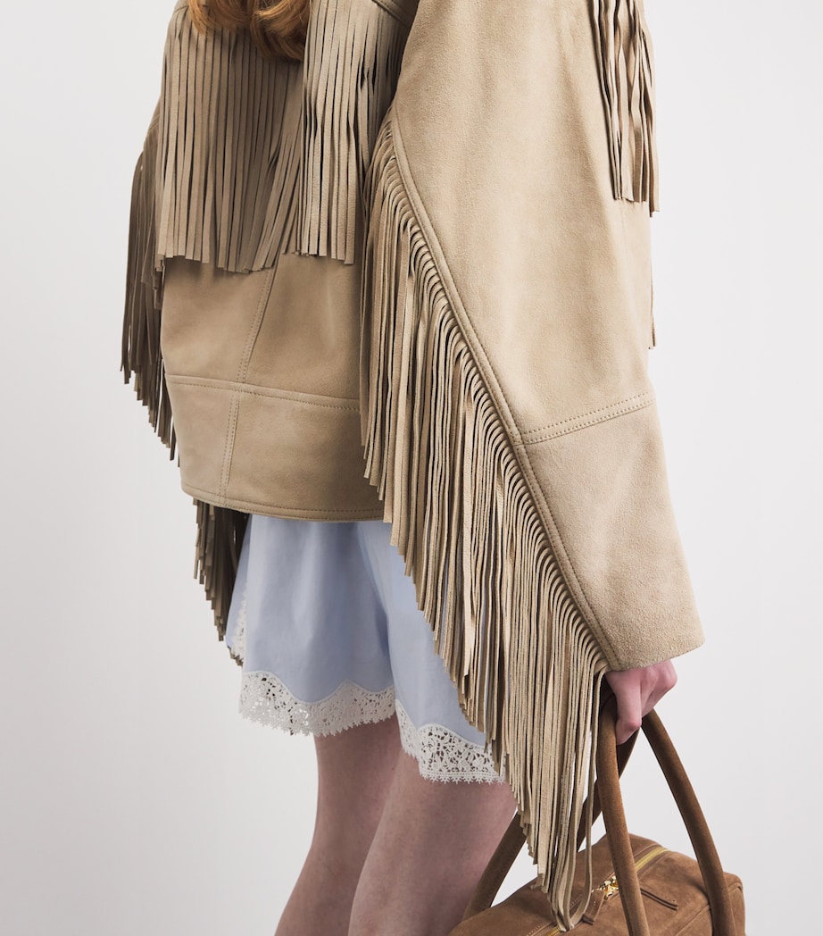 Sandro Paris Womens Suede Fringed Jacket Beige Image 3