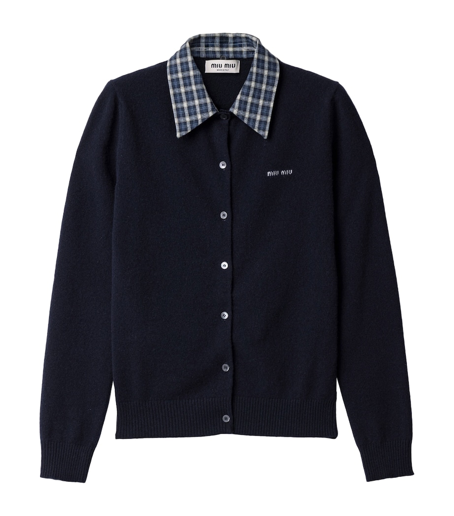 Miu Miu Womens Cashmere Check-Collar Cardigan Blue Image 1
