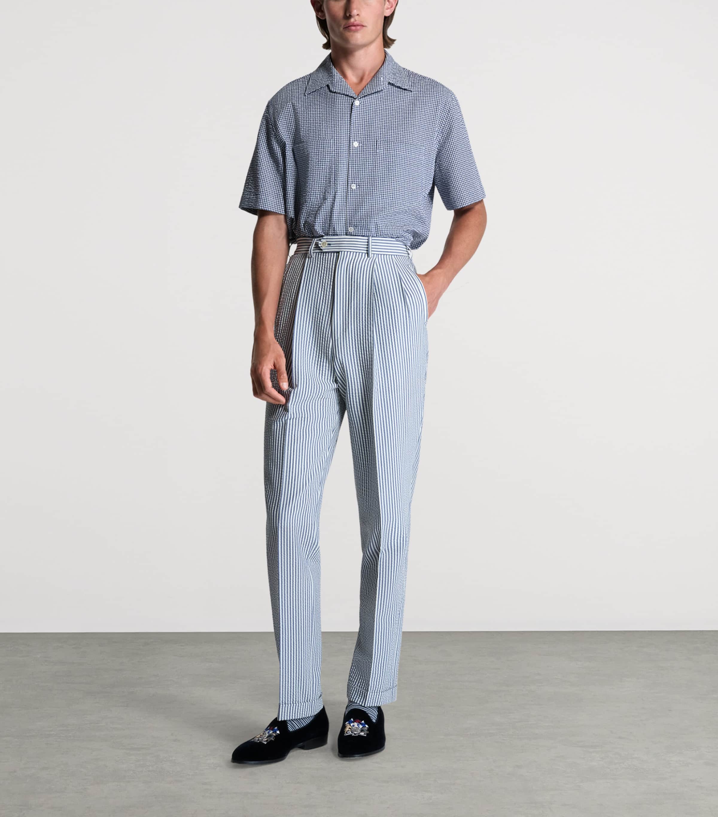 Dunhill Mens Wool-Silk Double-Pleated Stripe Trousers Blue White Image 2