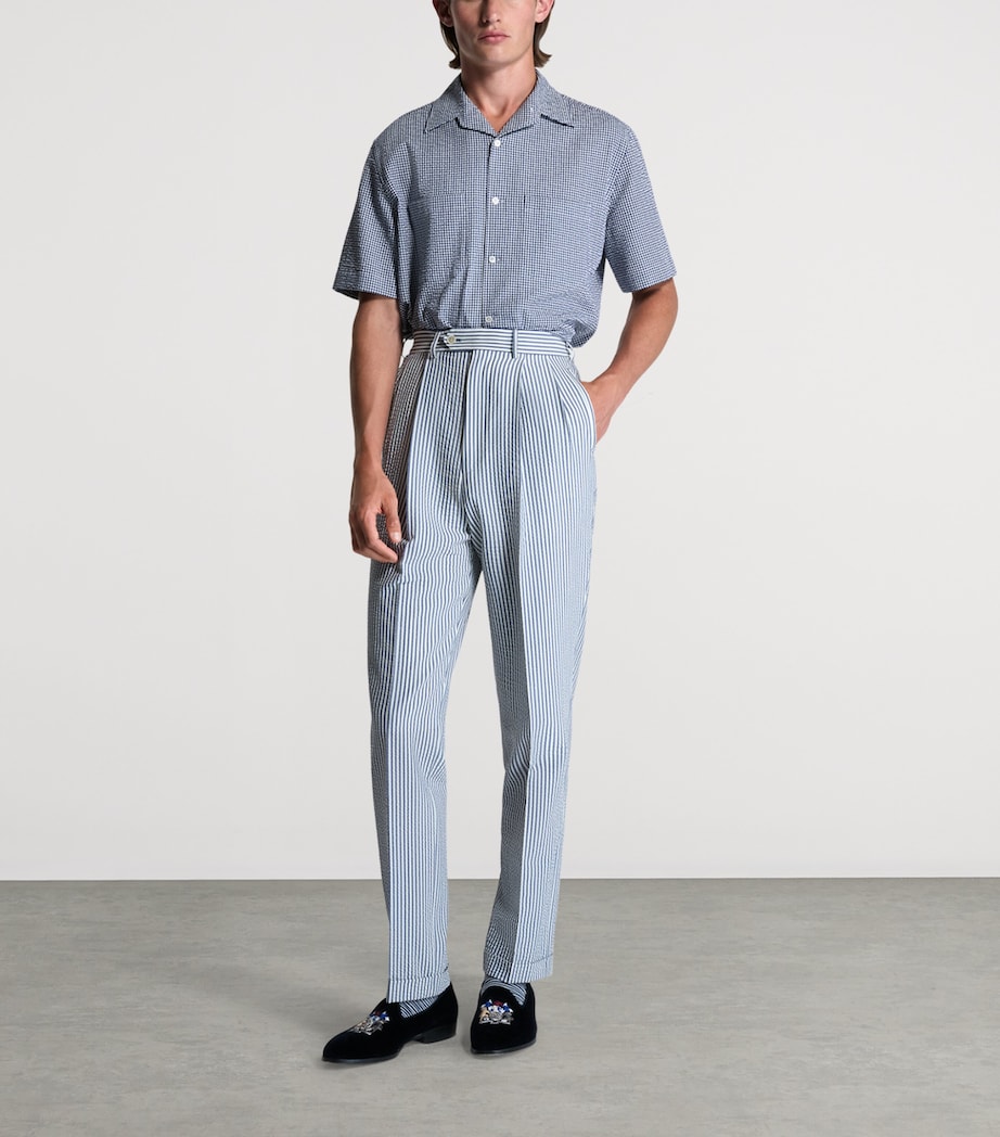 Dunhill Mens Wool-Silk Double-Pleated Stripe Trousers Blue White Image 2