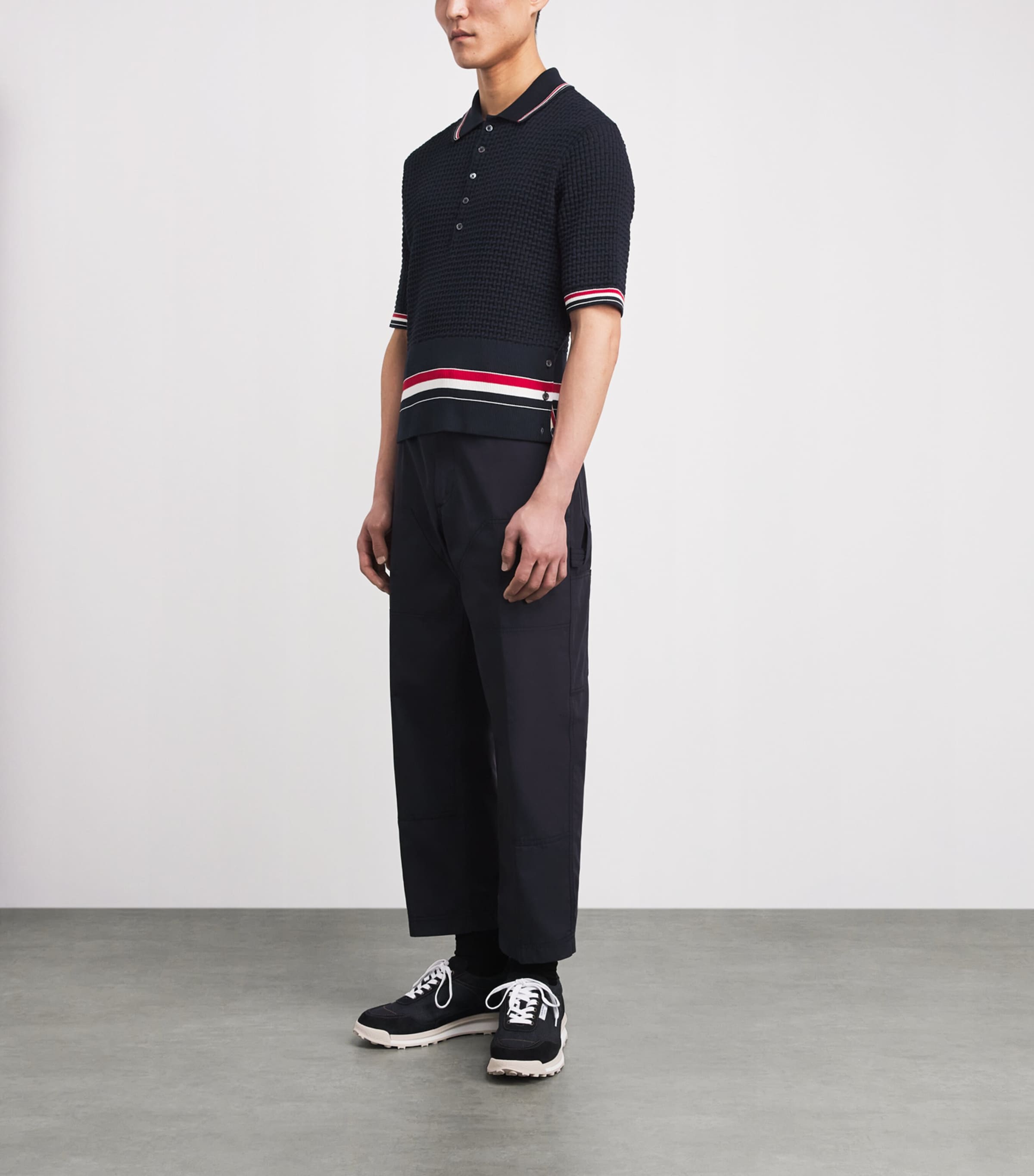Thom Browne Mens Cotton Ripple-Stitch Polo Shirt Navy Image 2