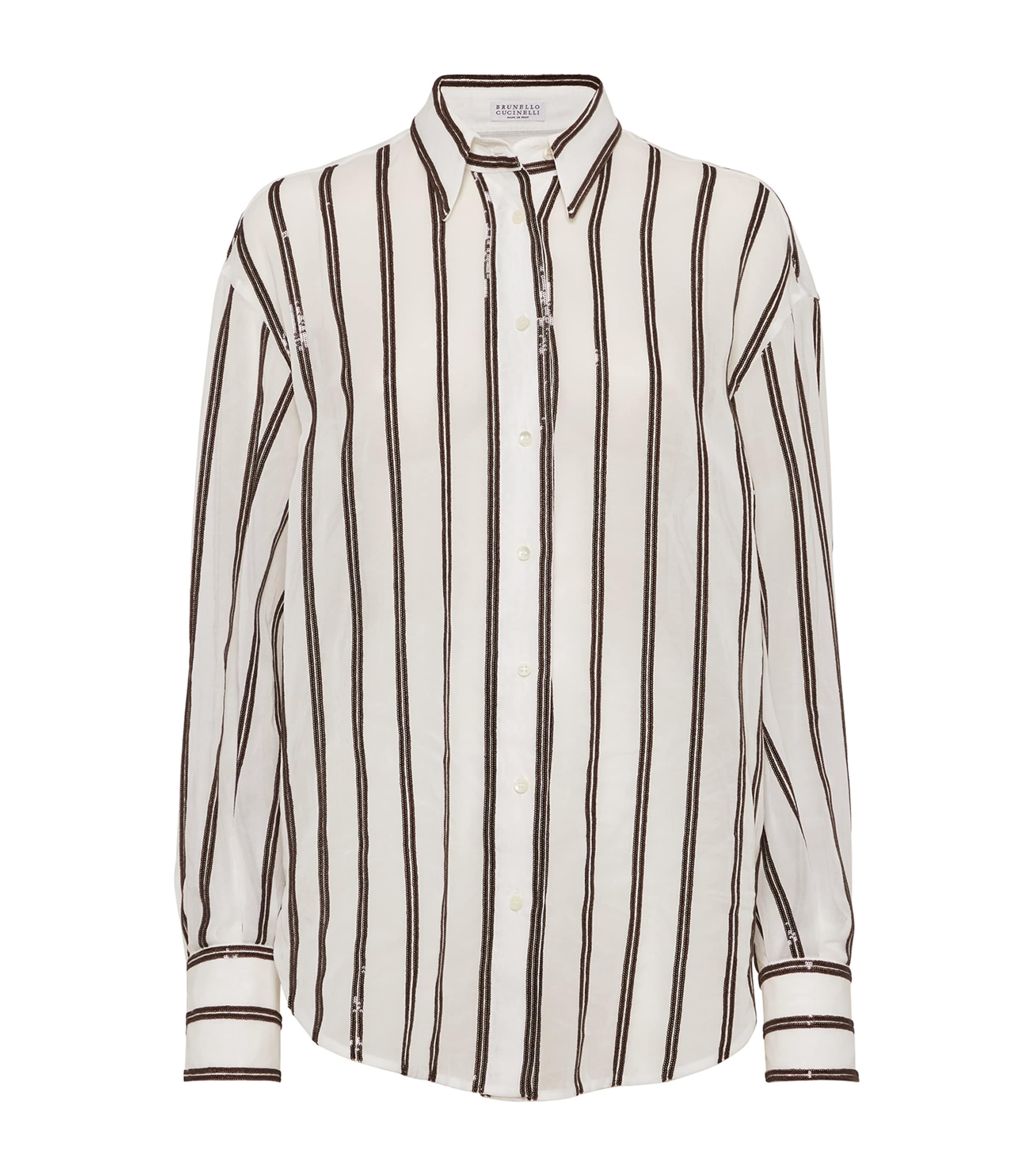 Brunello Cucinelli Sequined Stripe Button Down Gauze Blouse In White