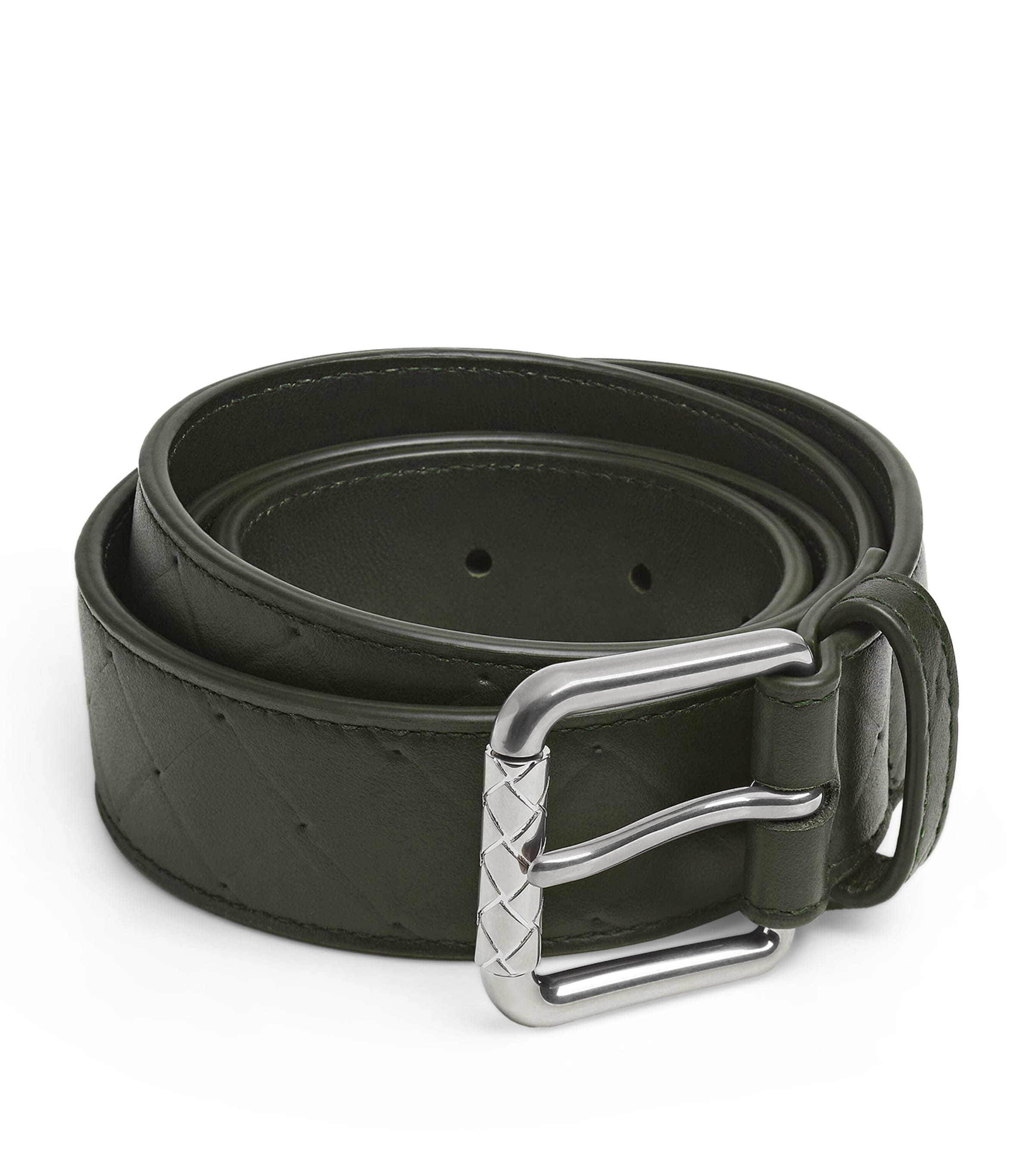 Bottega Veneta Leather Intrecciato Stamp Belt In Green