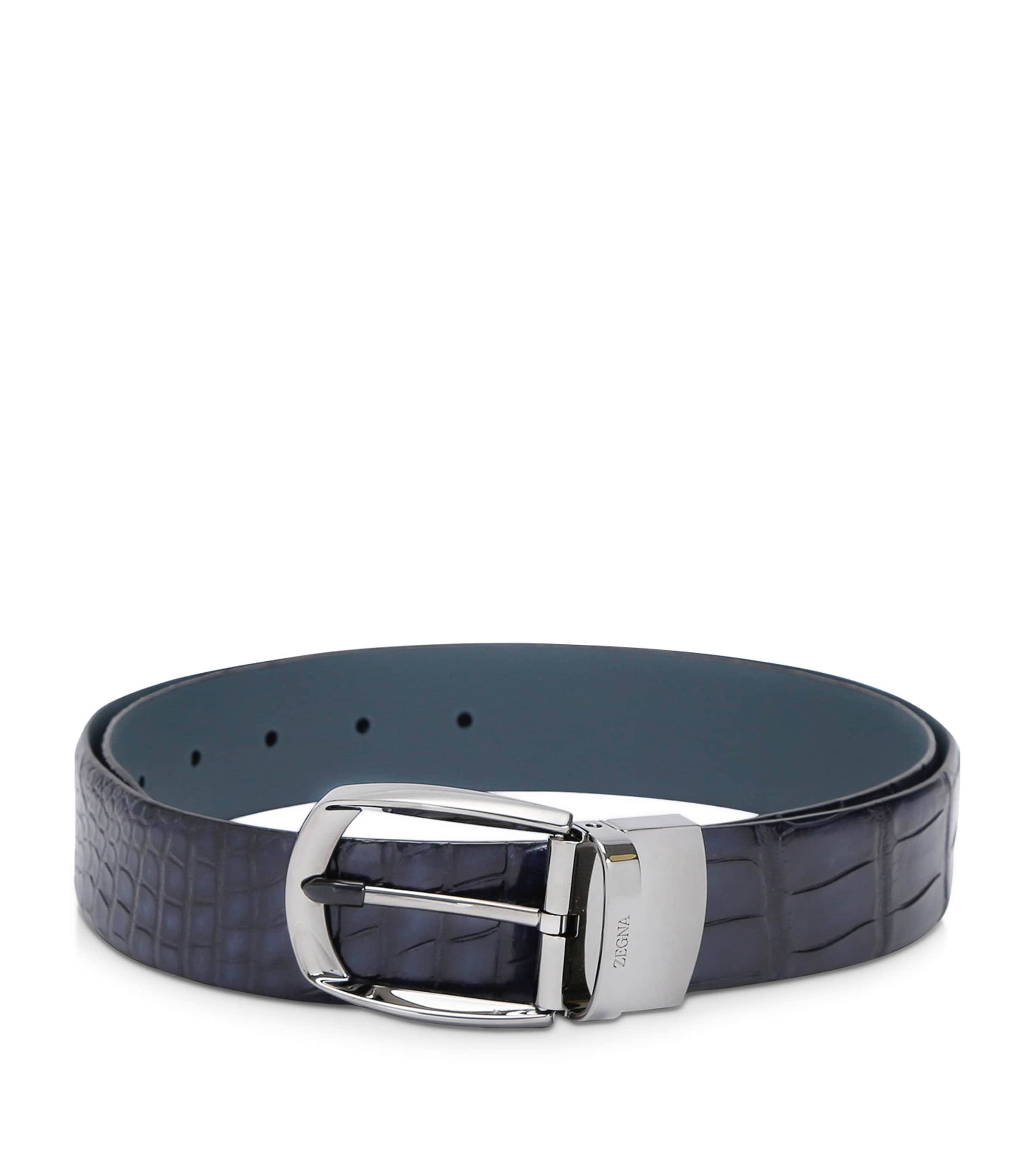 Zegna Crocodile Leather Parentesi Belt In Navy