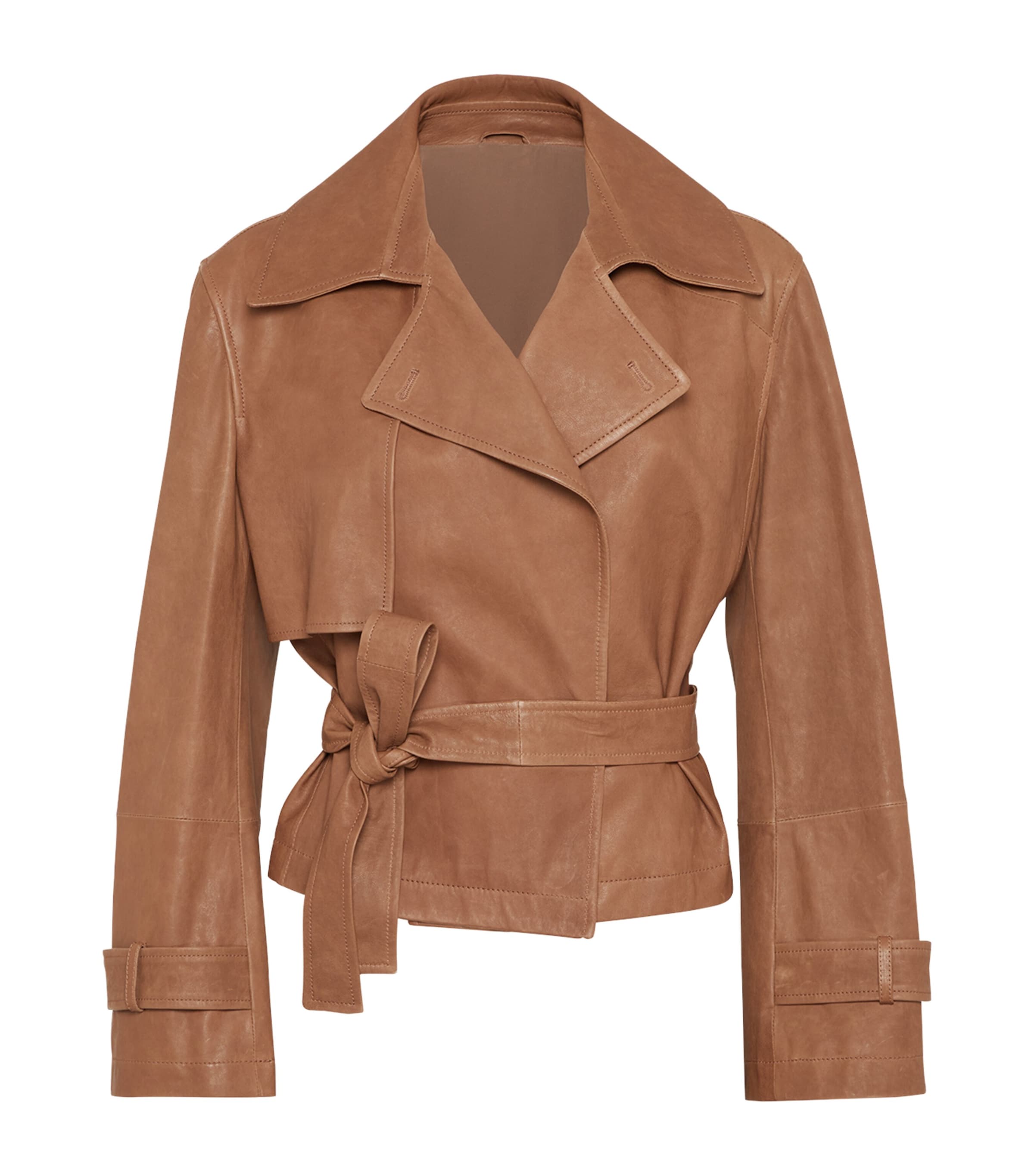 Brunello Cucinelli Vintage Nappa Leather Cropped Trench Coat In Brown