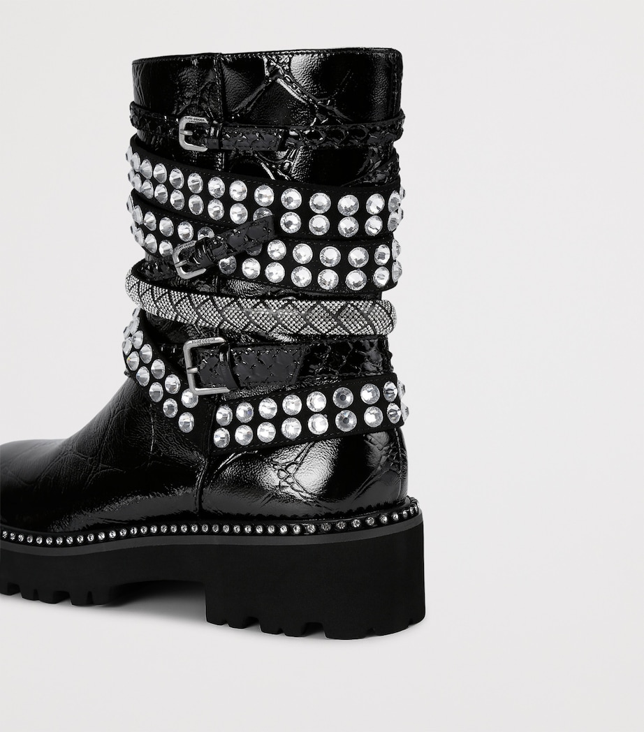 Leather Crystal-Strap Ankle Boots BLK/OTHER Image 2