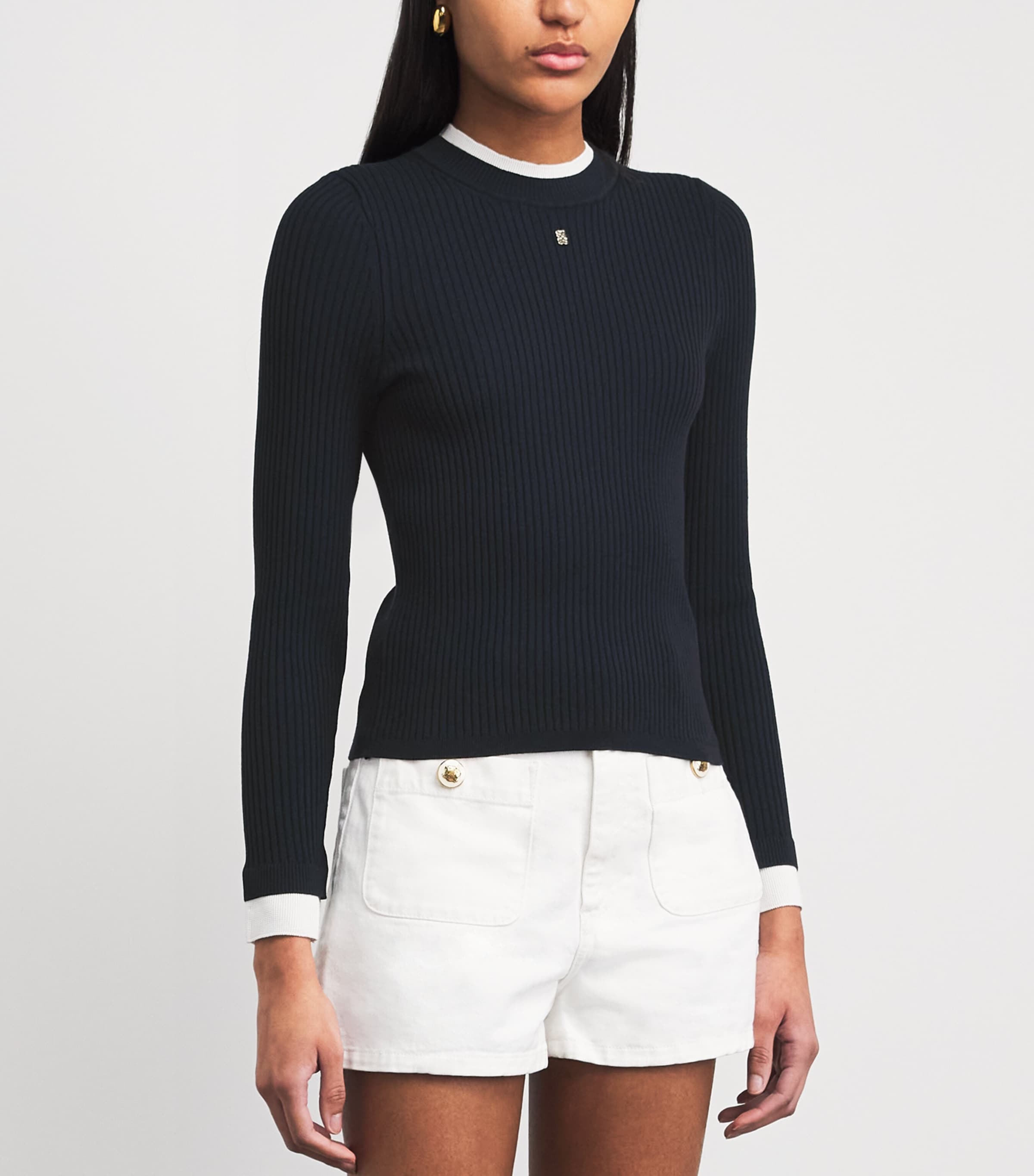 Sandro Paris Womens Ribbed Contrast-Trim Logo Sweater Navy Blue Image 4