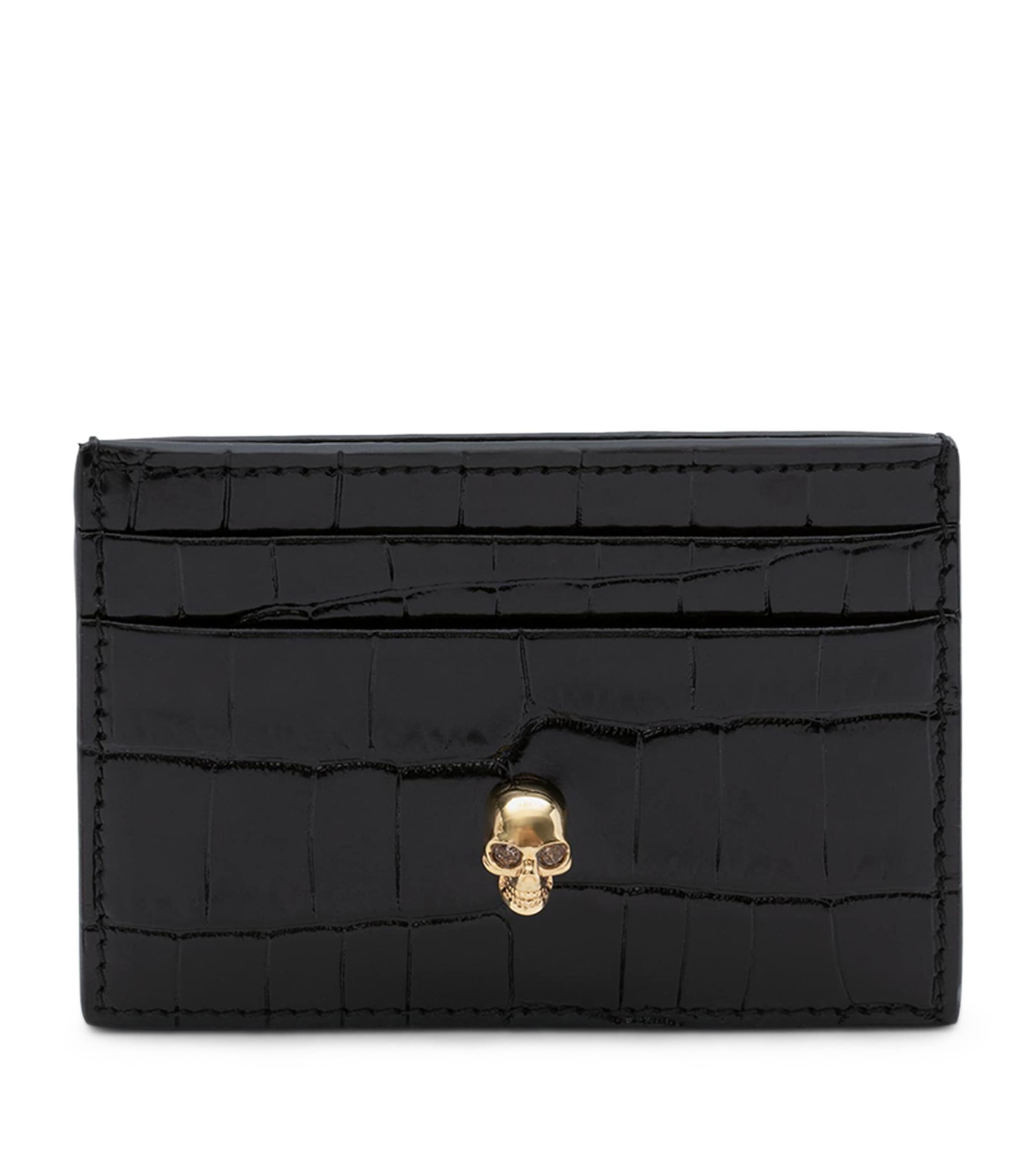 Alexander Mcqueen Croc-embossed Leather Skull Card Holder In Black