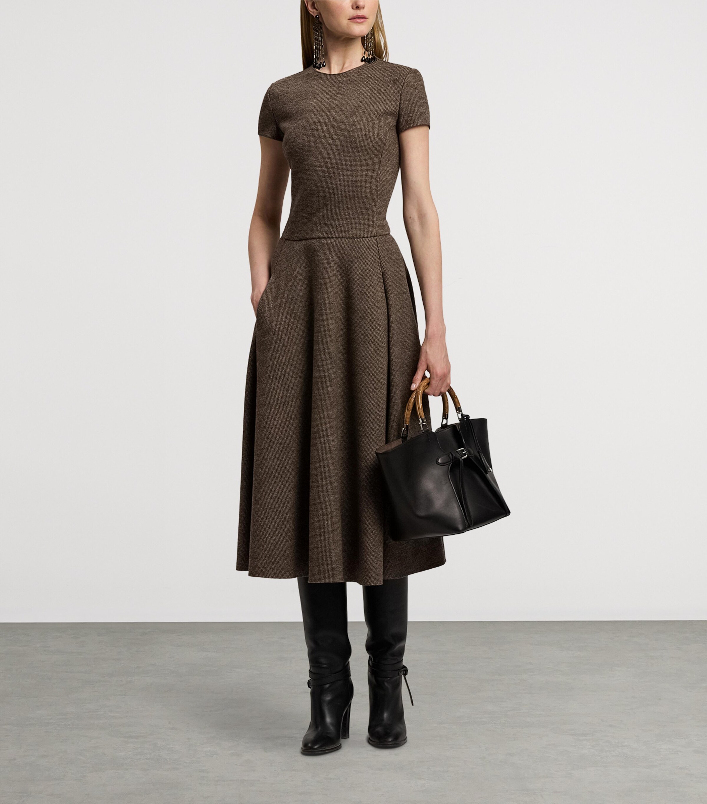 Wool Tick-Weave Margaret Midi Dress DARK BROWN/CAMEL Image 9