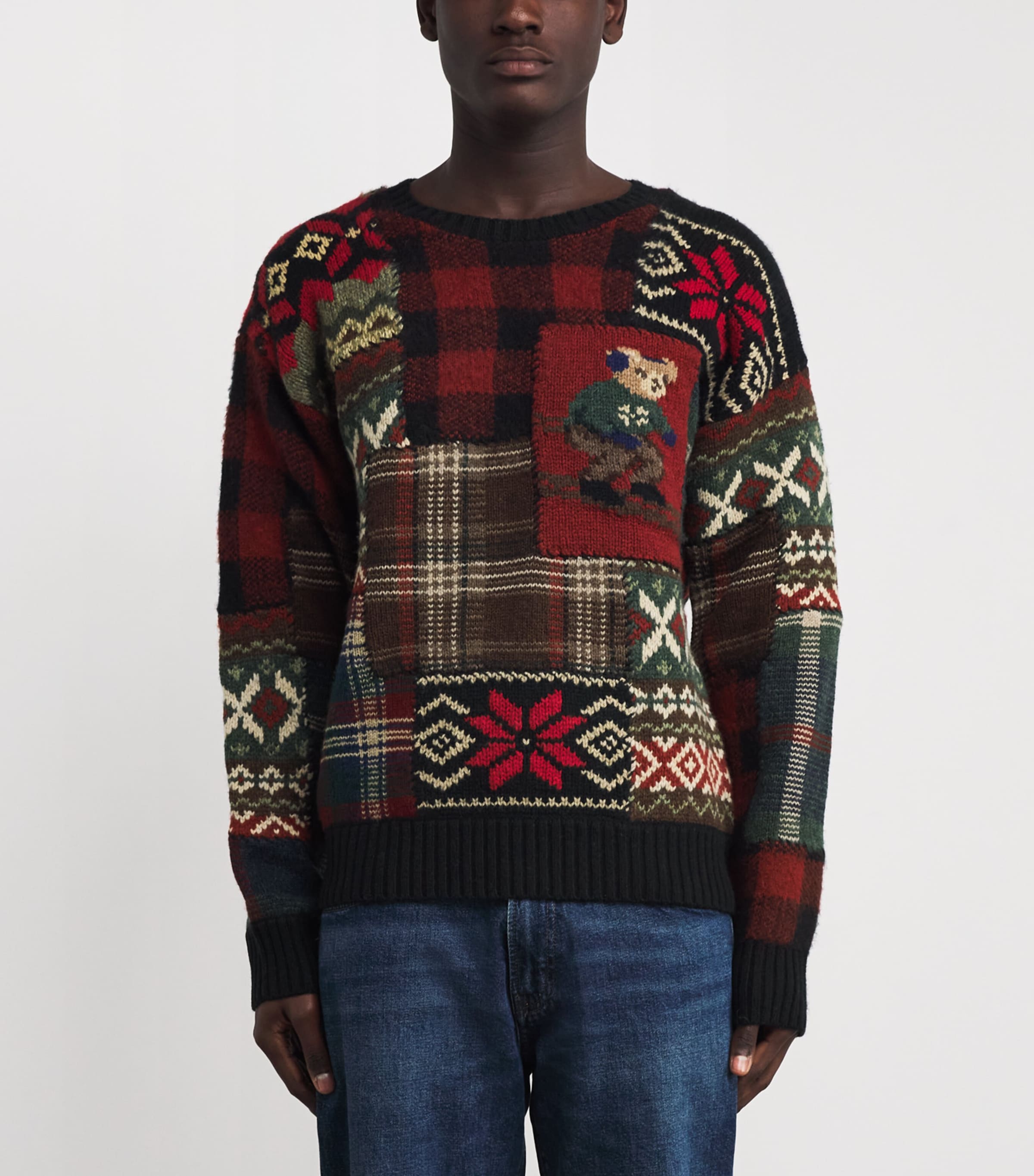 Wool Patchwork Polo Bear Sweater BLACK Image 3