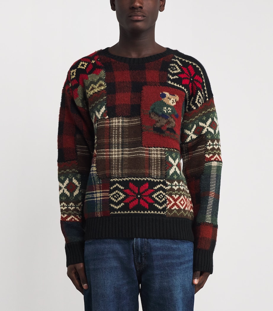 Wool Patchwork Polo Bear Sweater BLACK Image 3