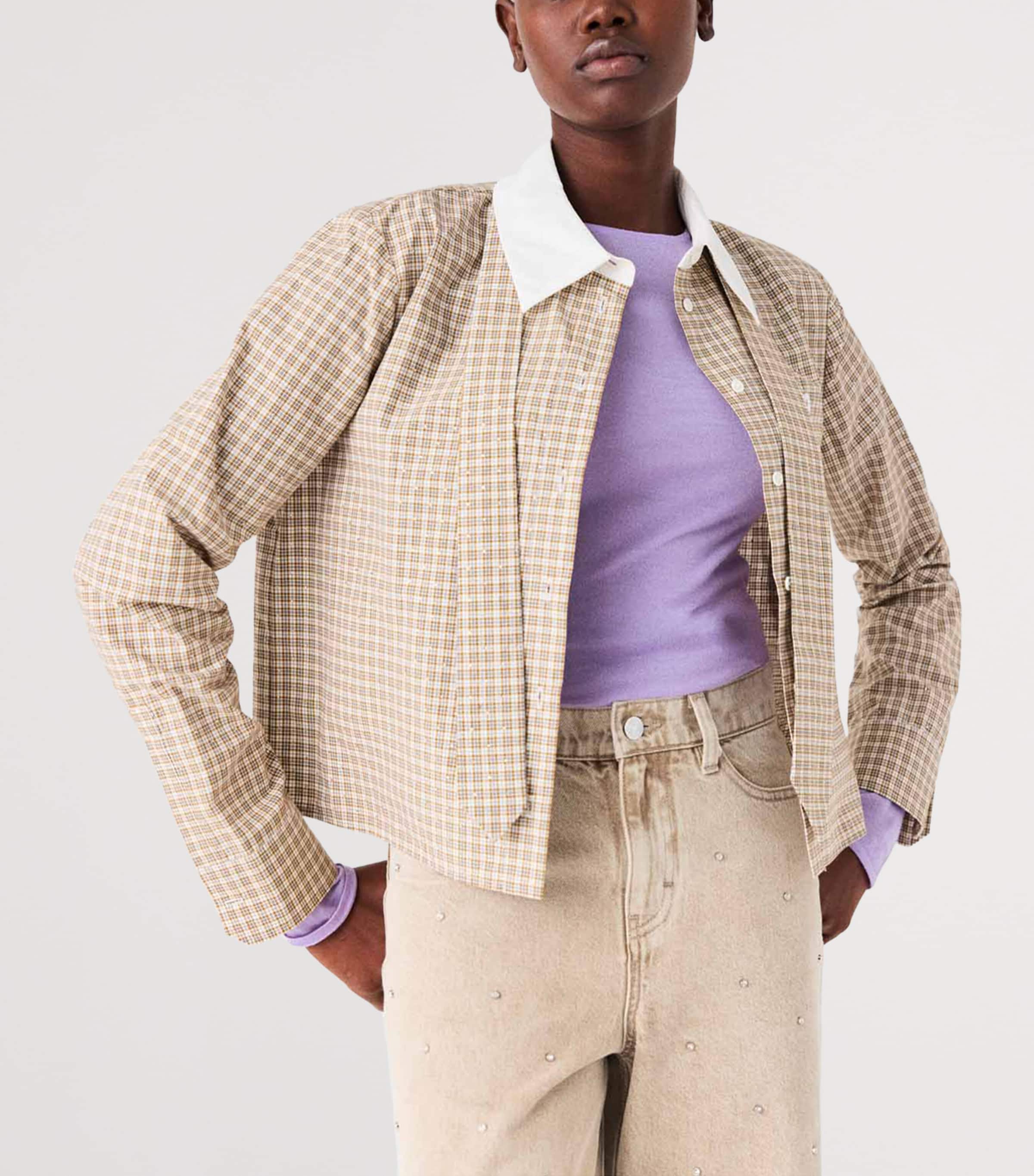 Maje Womens Cotton Check Shirt with Tie Beige Image 4