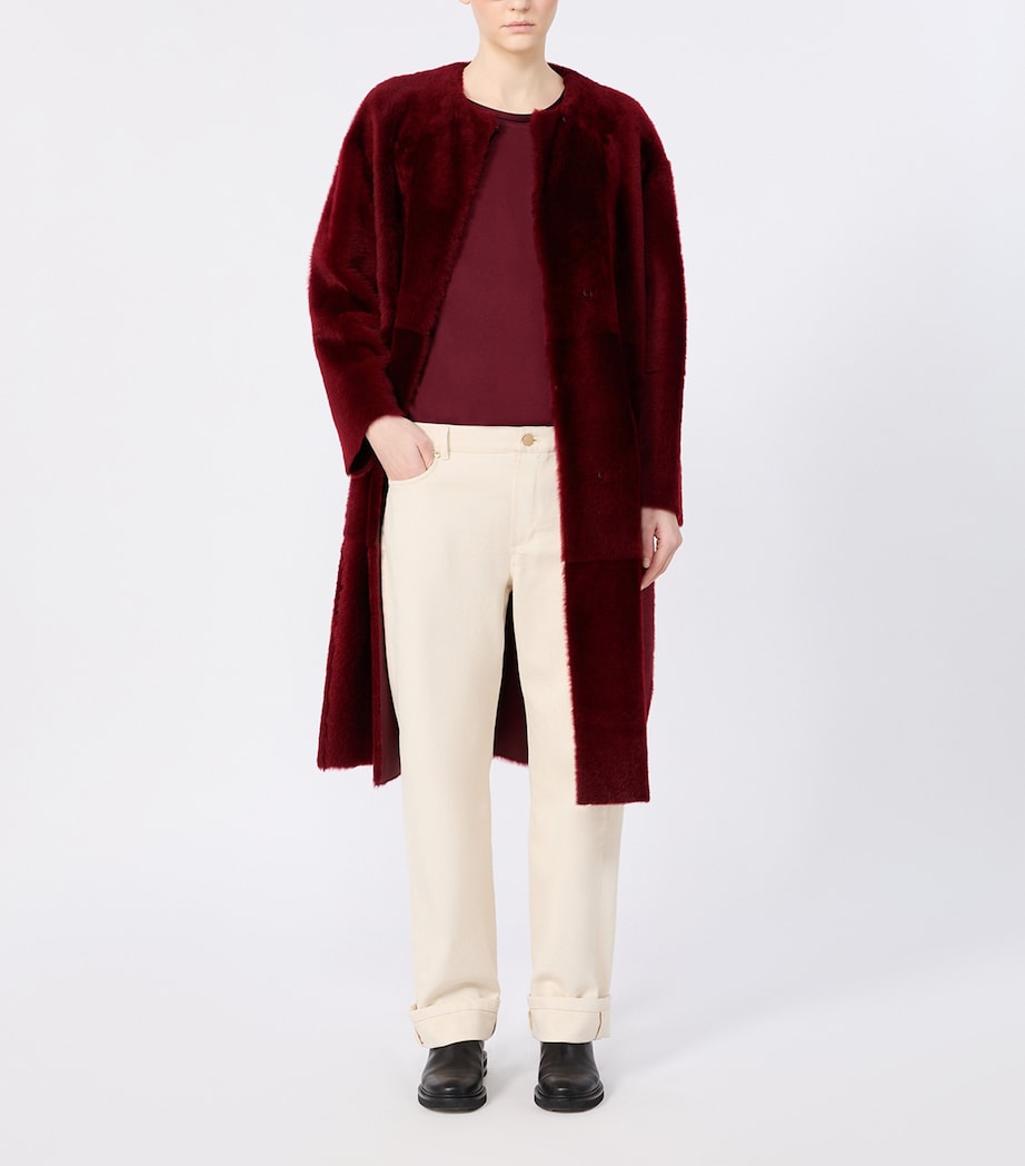 Max Mara Womens Shearling Collarless Coat Bordeaux Image 2