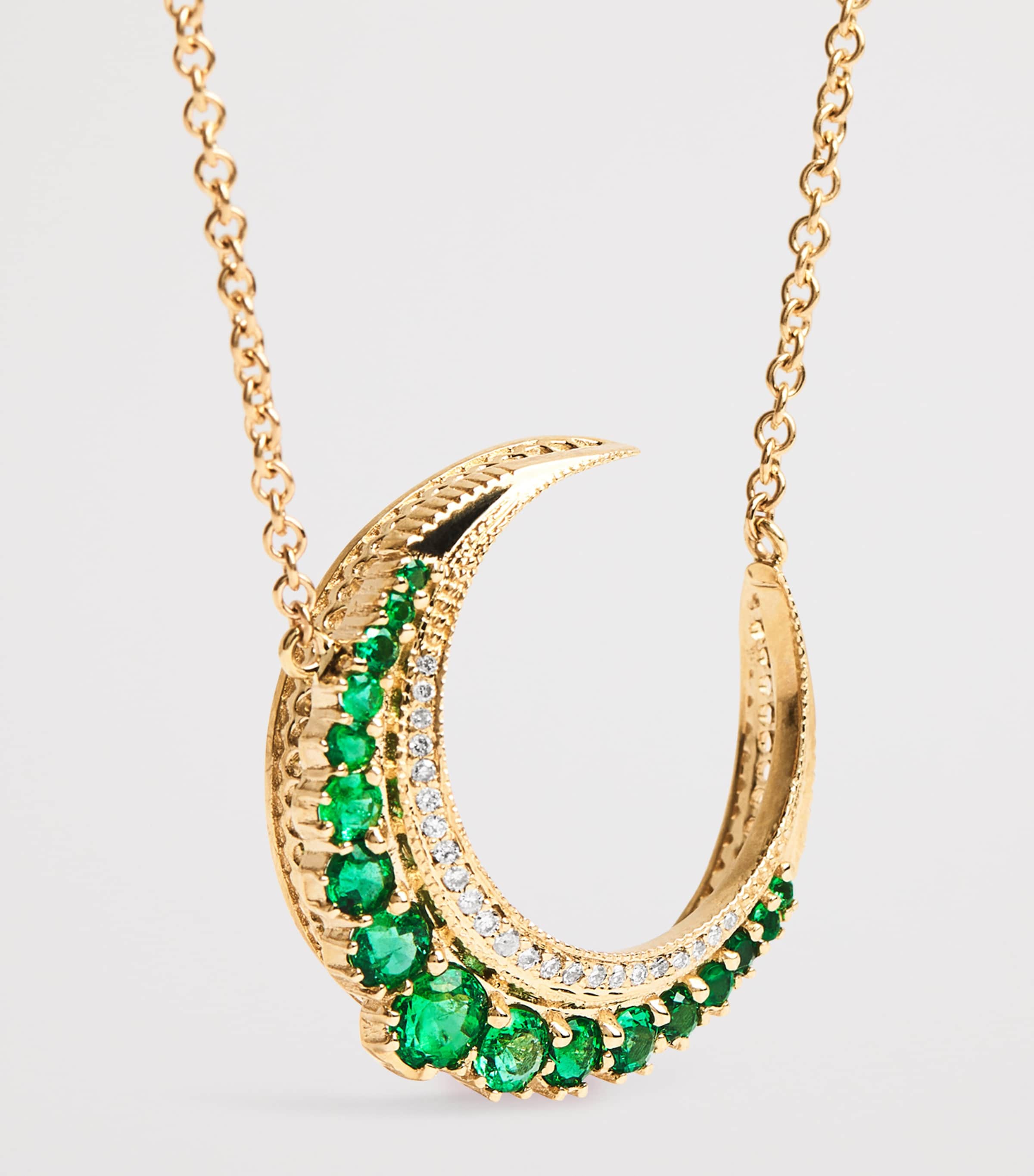 Small Yellow Gold, Diamond and Emerald Crescent Moon Necklace YELLOW GOLD Image 5