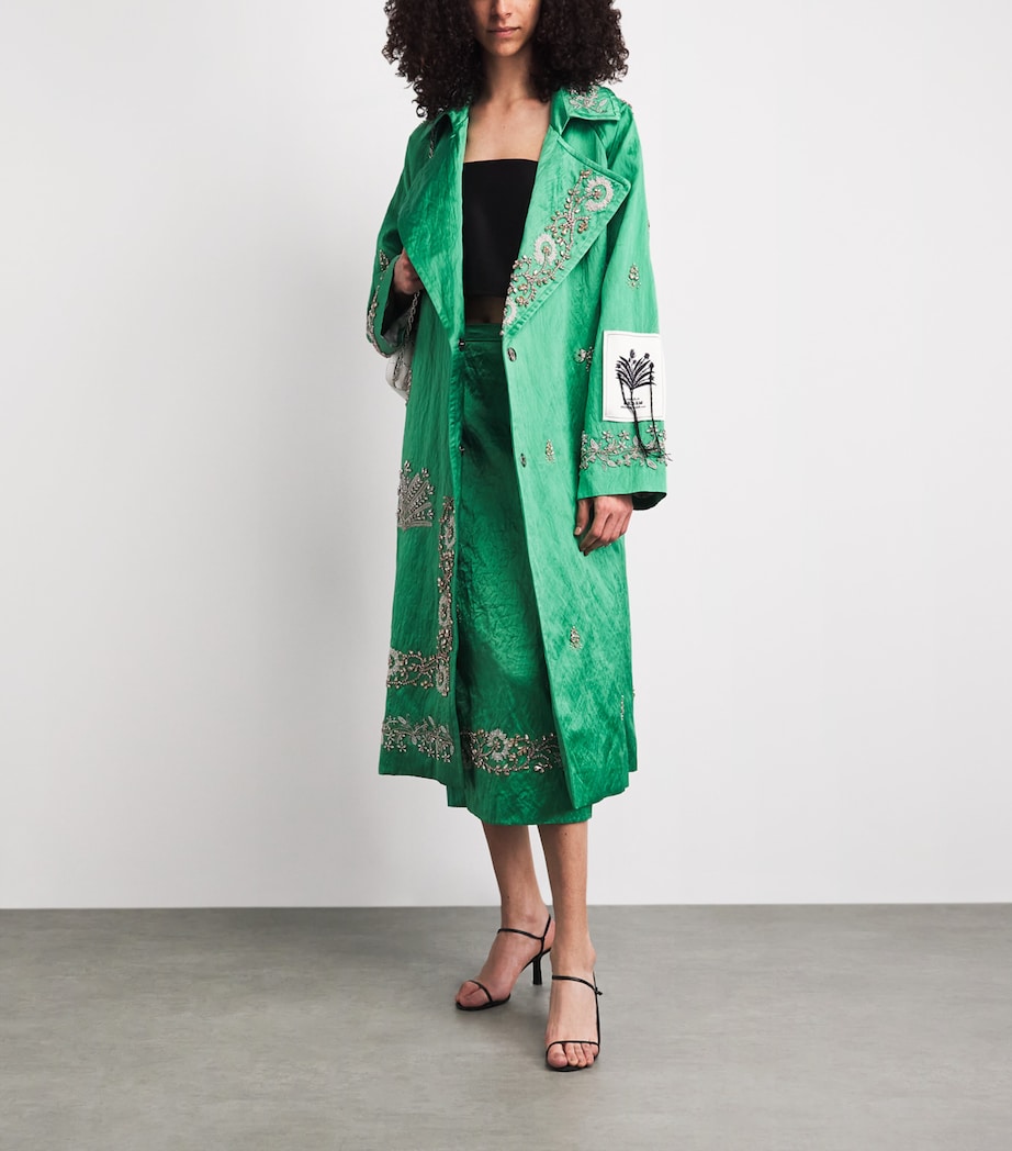 Erdem Womens Satin Embellished Belted Coat Sea Green Image 2