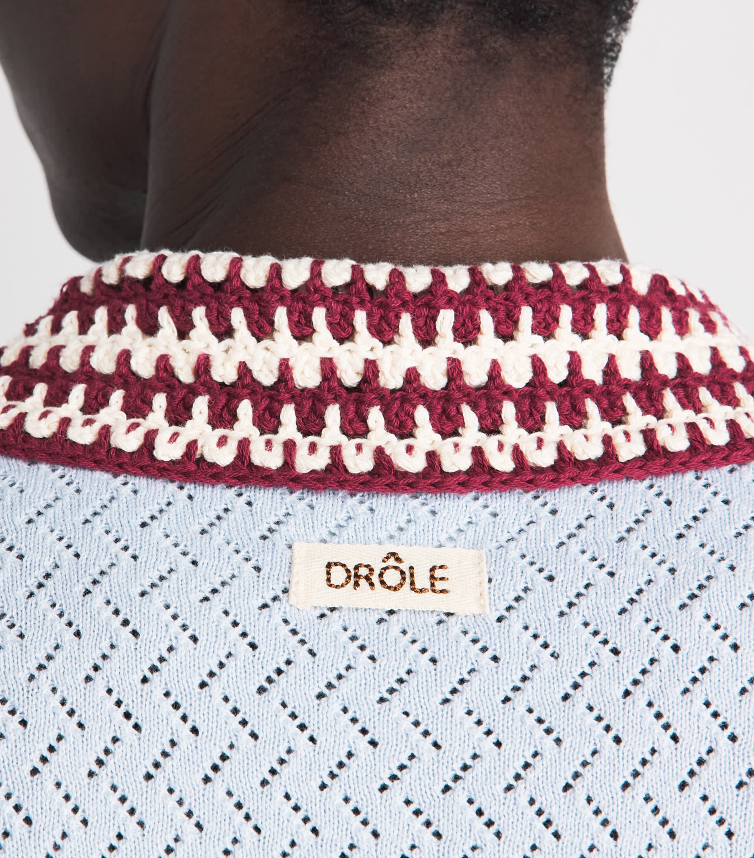 Drôle de Monsieur Mens Openwork-Knit Polo Shirt Light Blue Image 3