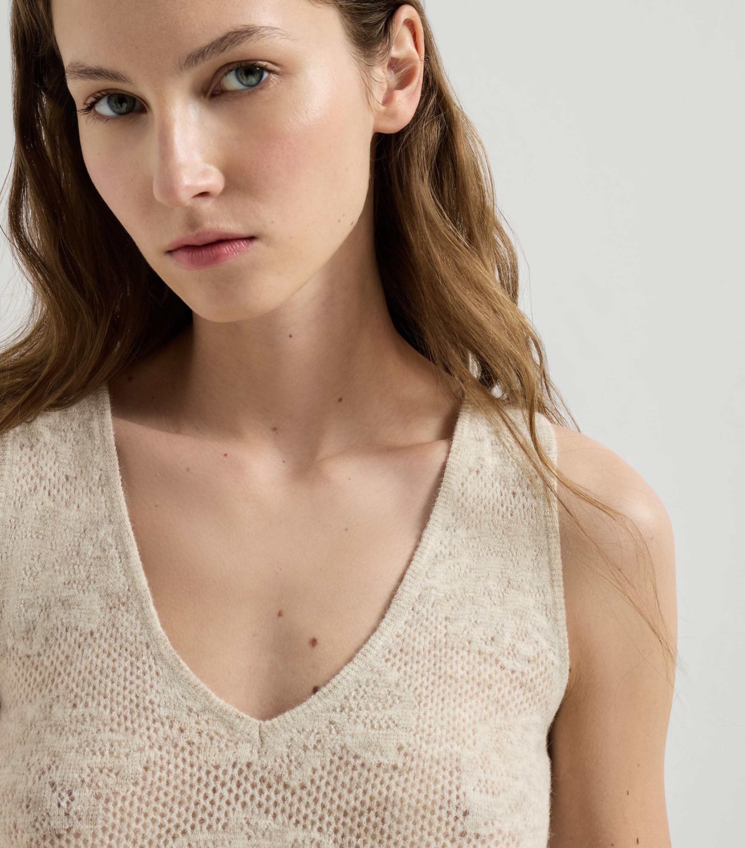 Brunello Cucinelli Womens Silk-Alpaca-Wool Lace-Detail Top Rustic Beige Image 6