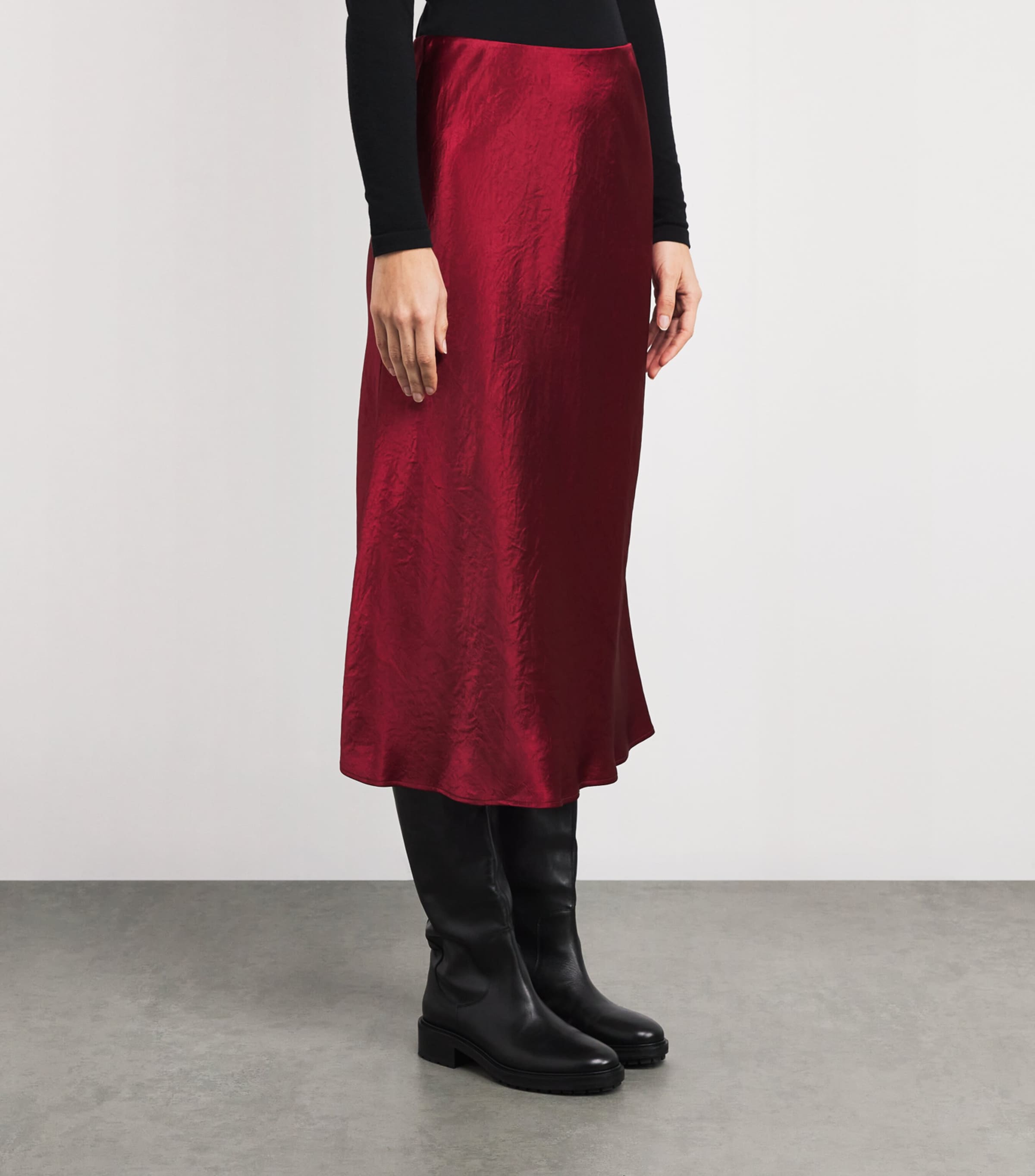 Crinkled Satin Midi Skirt 018 DARK RED Image 3