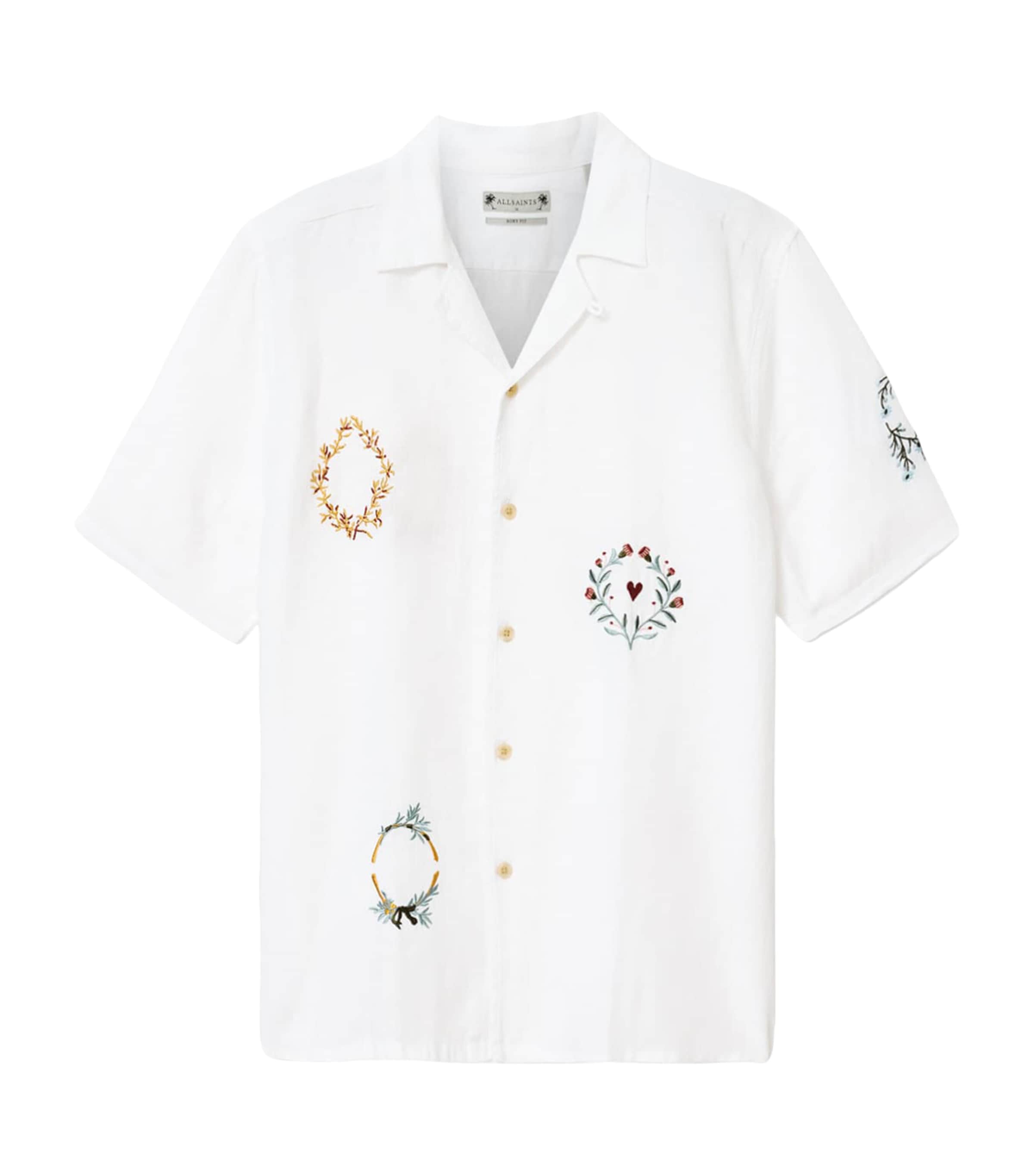 AllSaints Mens Linen Embroidered Deck Shirt Ecru Image 1