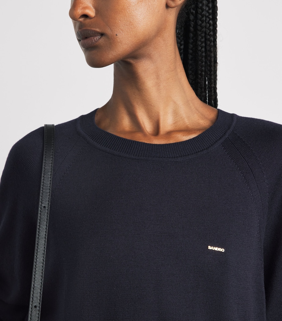 Sandro Paris Womens Wool-Blend Logo Sweater Navy Blue Image 3