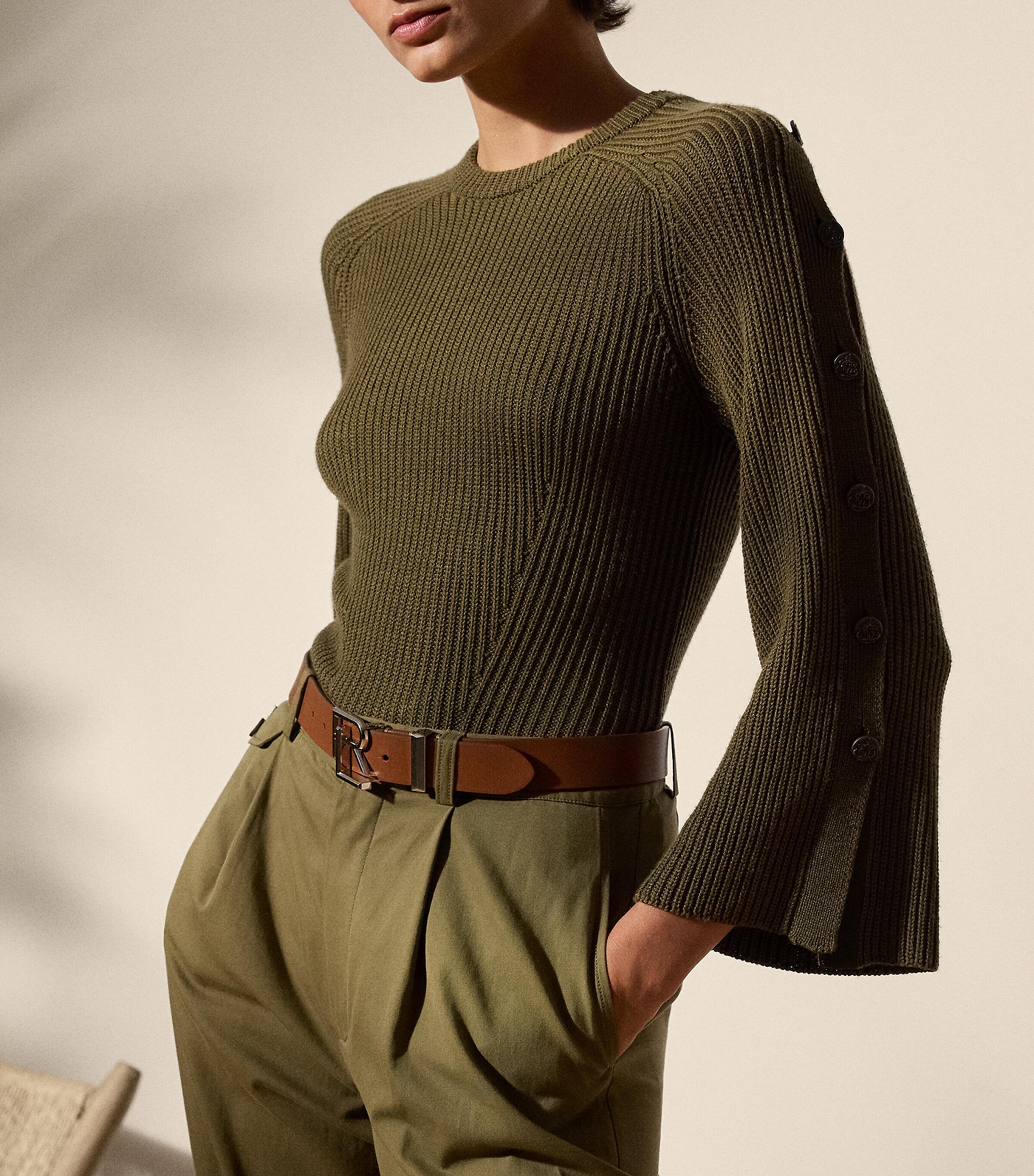Wool-Silk Button-Sleeve Sweater MOSS Image 3