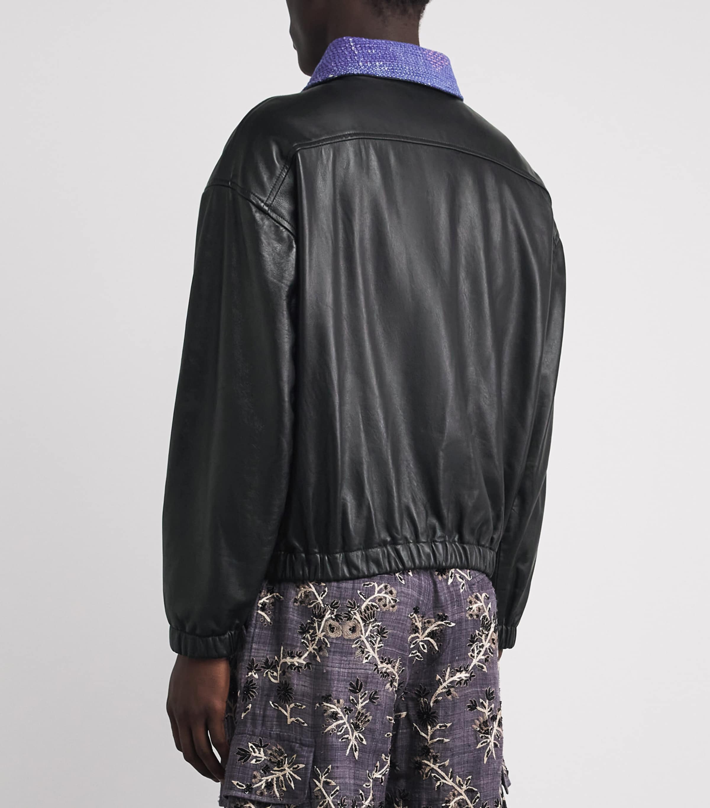 Kartik Research Mens Leather Kantha Bomber Jacket Black/ Purple Image 5