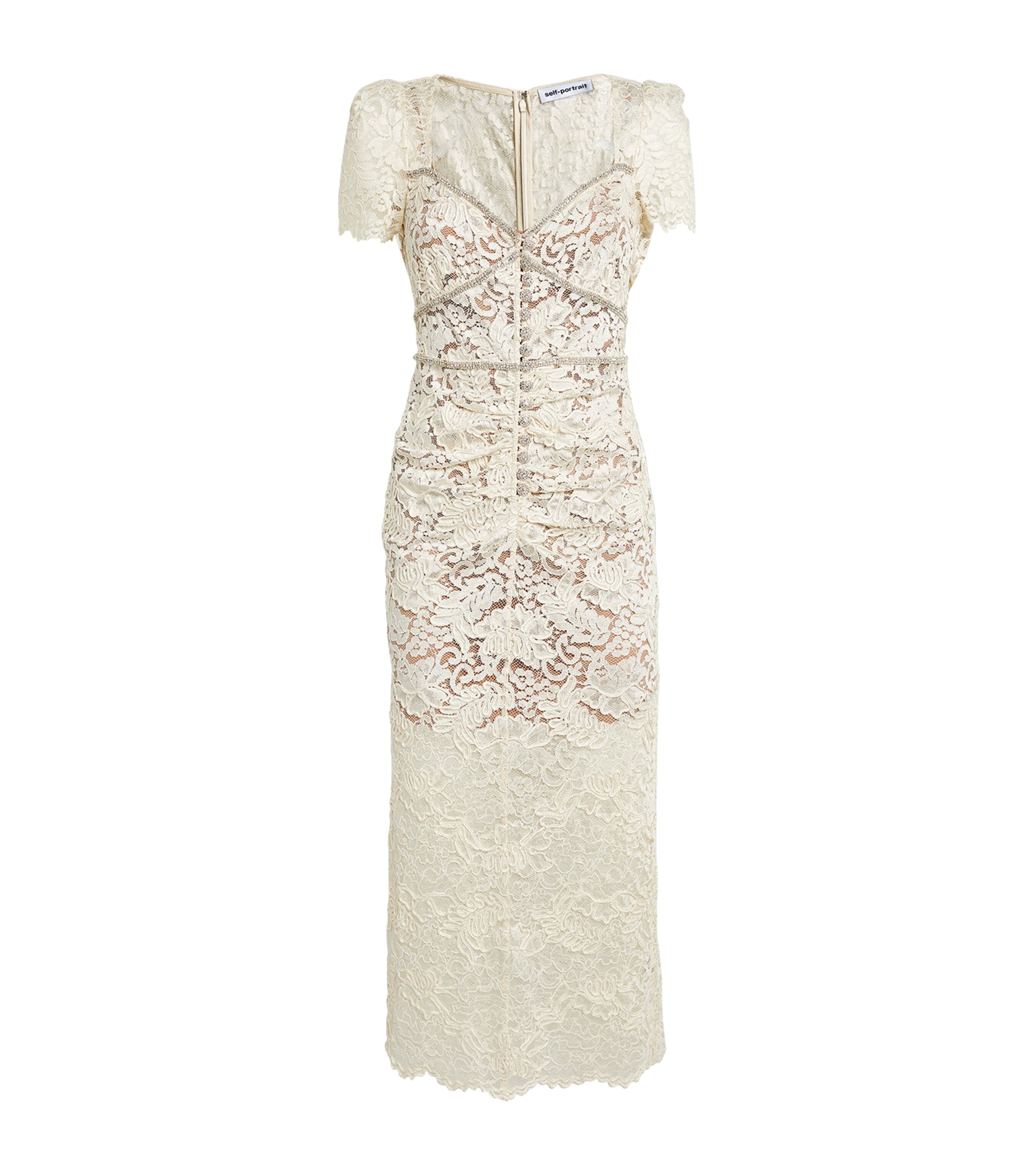 Shop Self-portrait Lace Embellished Midi Dress In Neutral